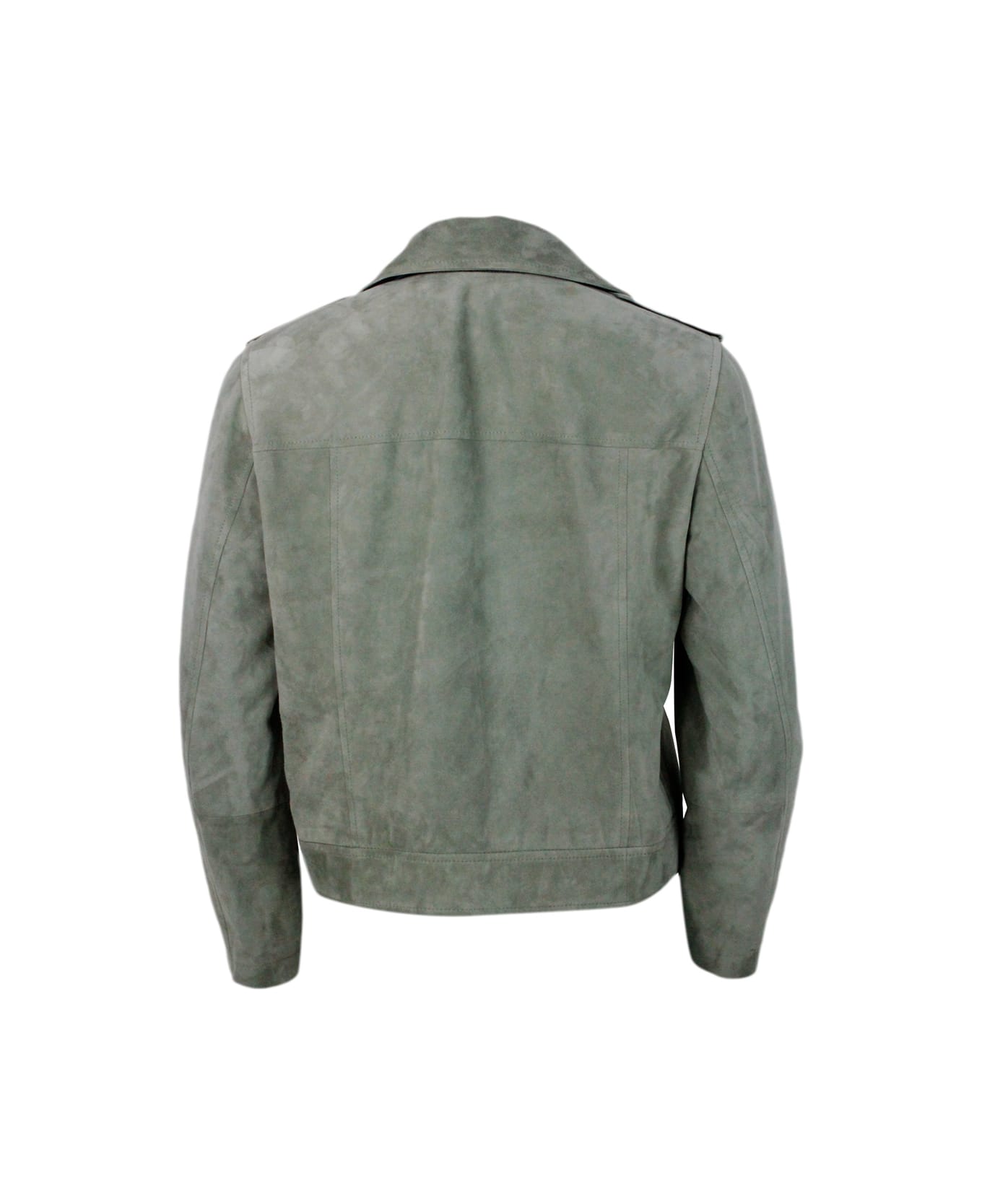 Brunello Cucinelli Biker Jacket In Precious And Soft Suede With Rows Of Brilliant Monili Behind The Neck - Green