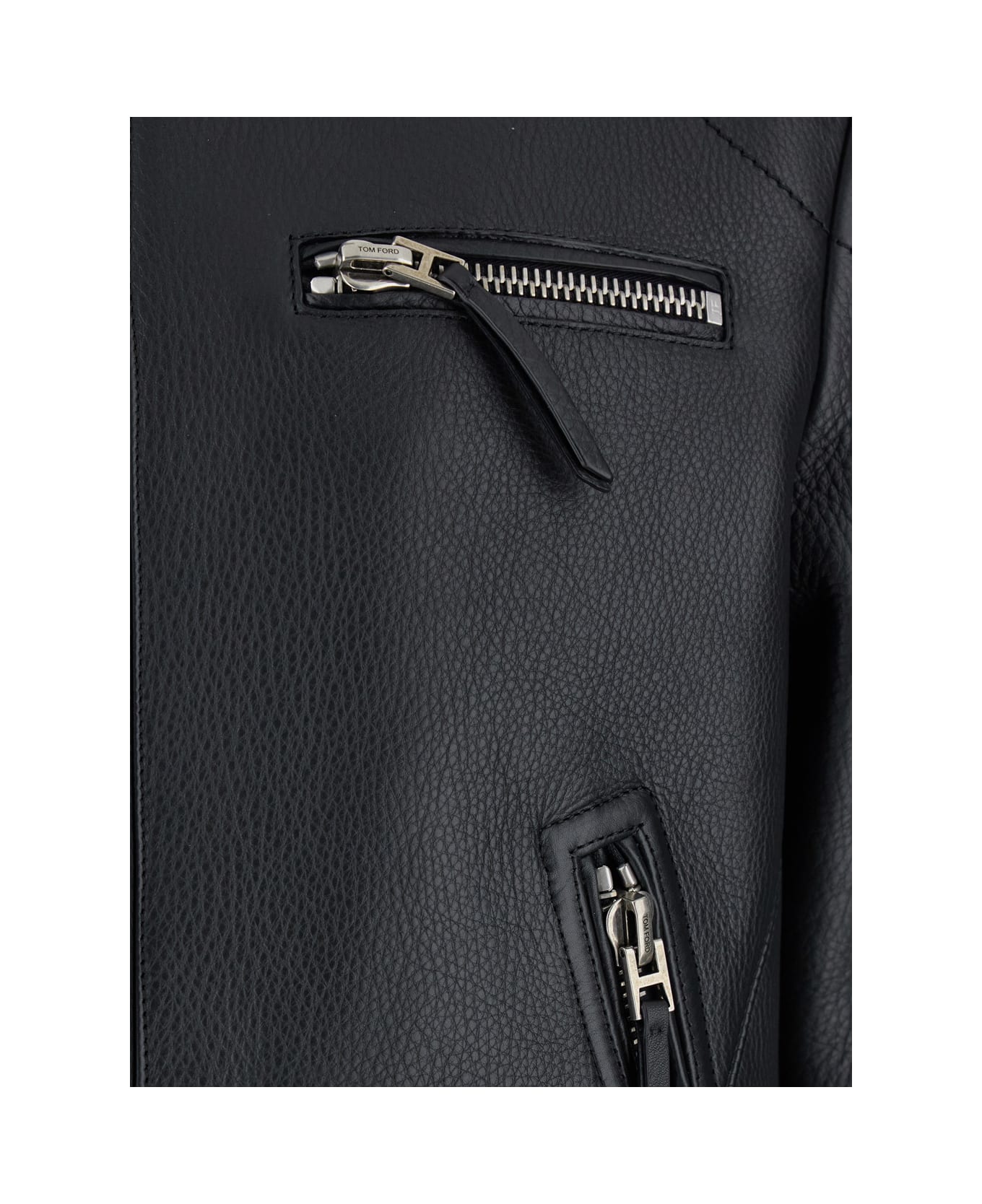 Tom Ford Black Jacket With High Collar And Front Zip Pockets In Leather Man - Black