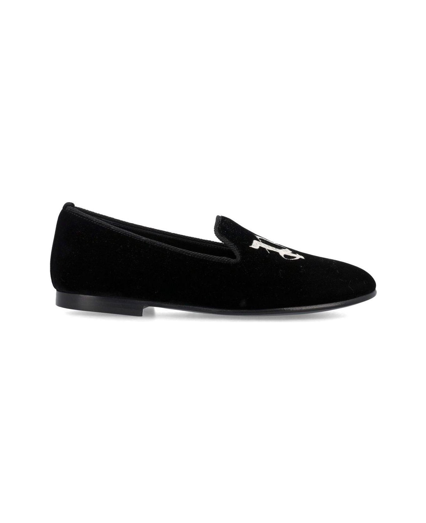 Palm Angels Logo-embroidered Almond Toe Loafers - BLACK