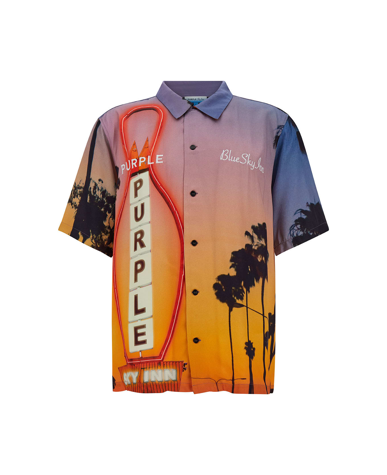 Purple Brand Multicolor Bowling Shirt With Blue Sky Inn Print In Viscose Man - Multicolor シャツ