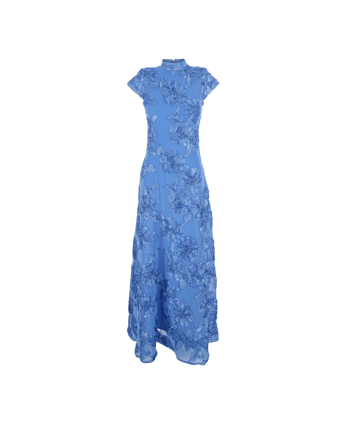 Rotate by Birger Christensen Blue Long Dress With High Neck And All-over Floral Motif In Fabric Woman - Blu