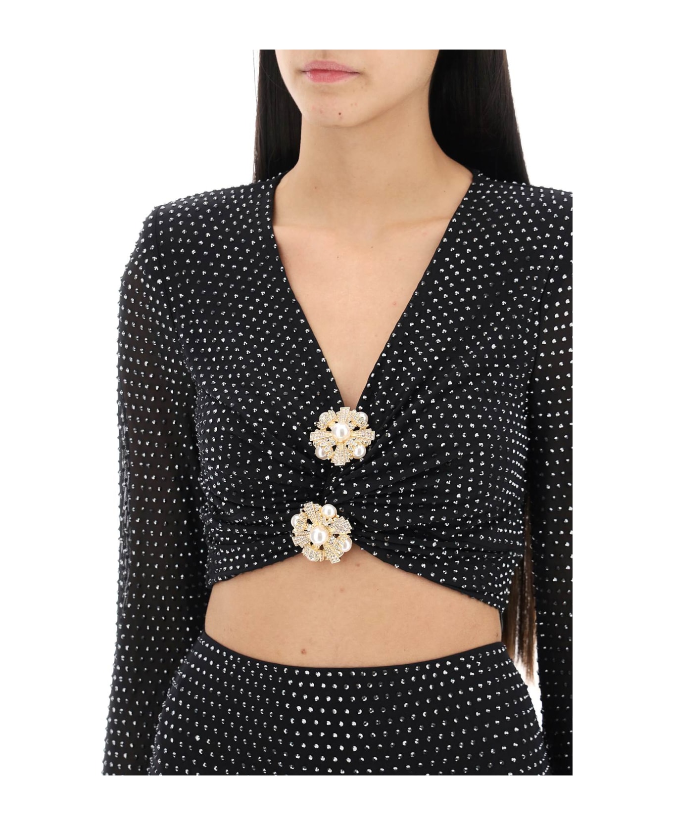 self-portrait Rhinestone-studded Cropped Top With Diamanté Brooches - BLACK (Black)