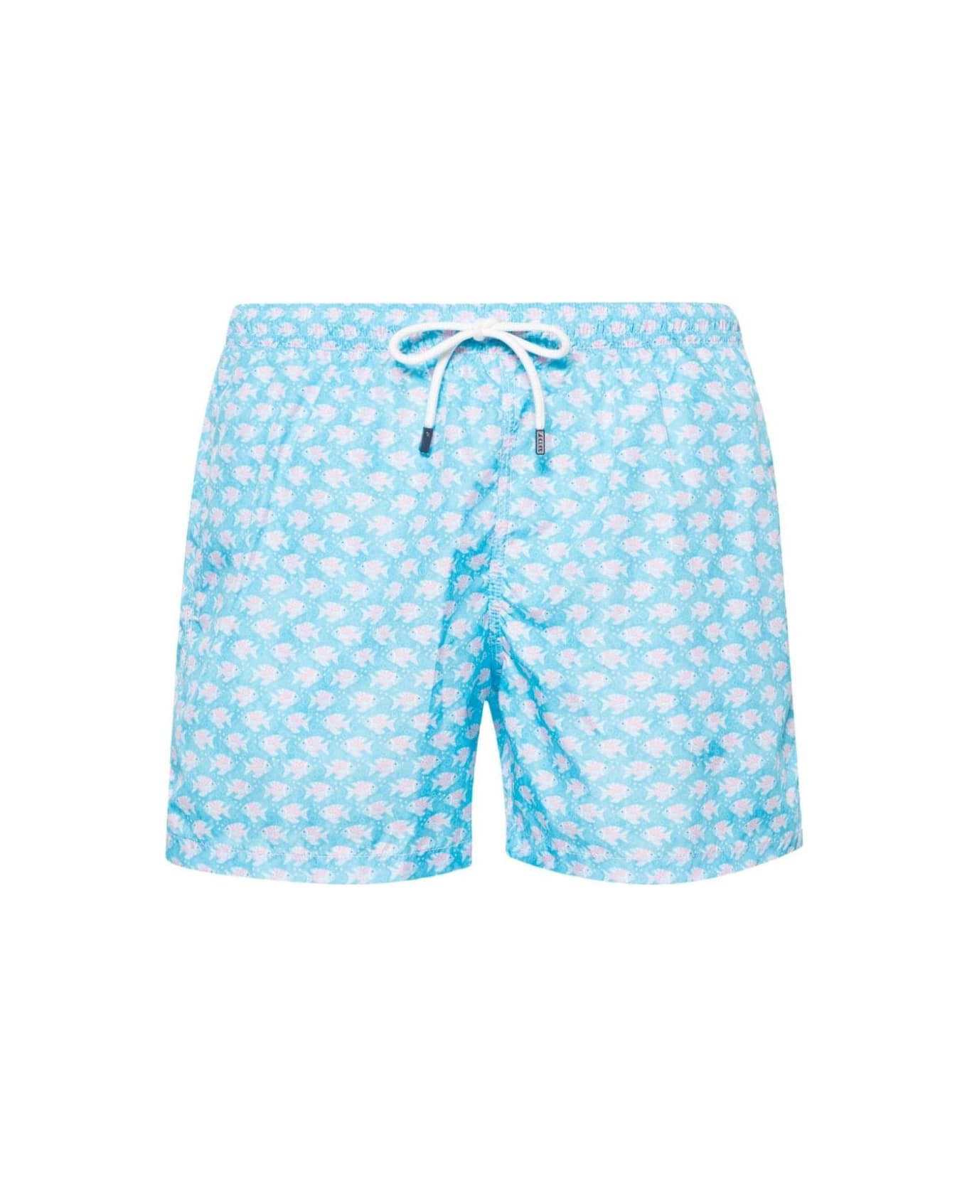 Fedeli Light Blue Swim Shorts With Pink Fish Pattern - Blue