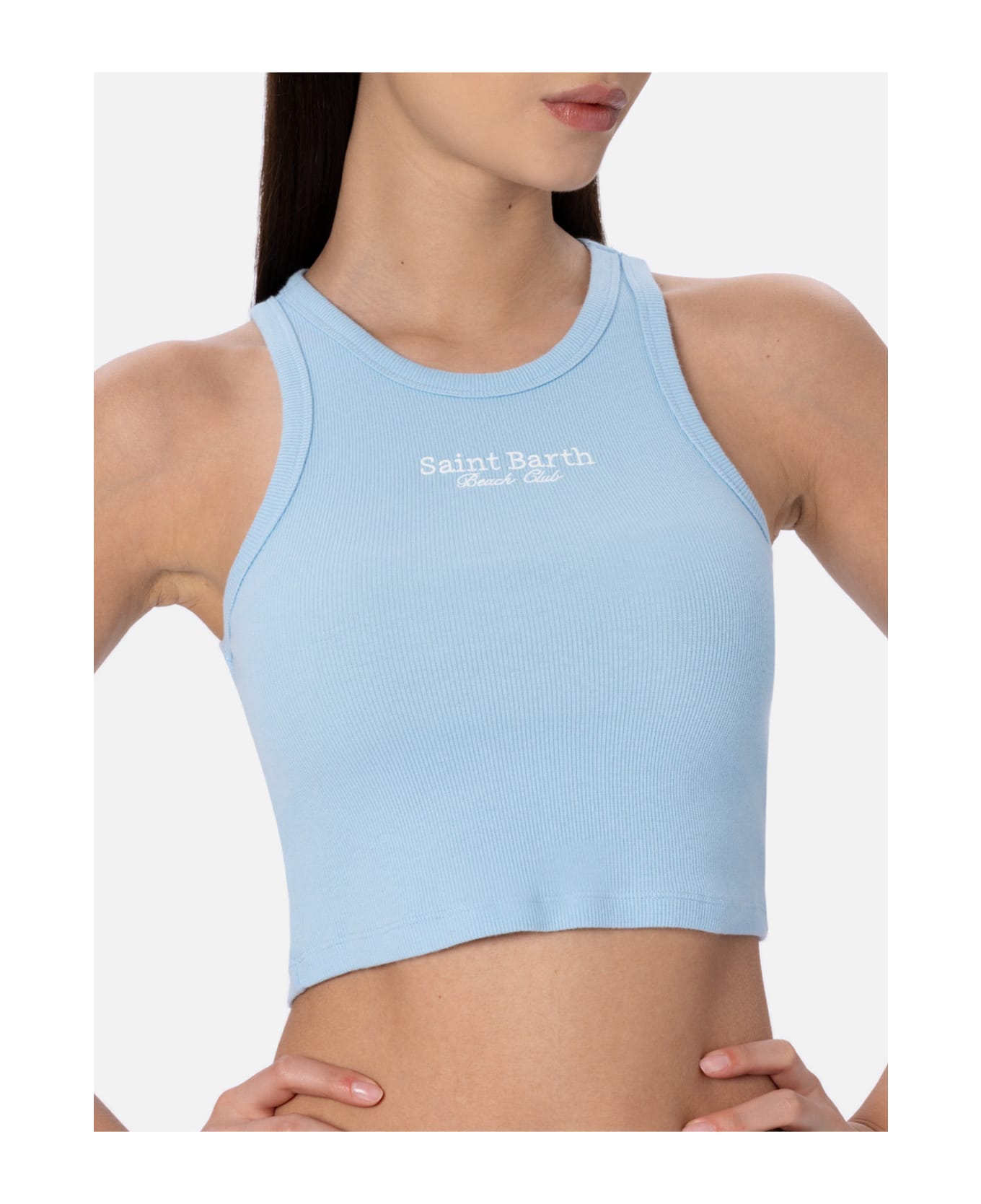 MC2 Saint Barth Woman Rib-knit Cotton Crop Tank With Saint Barth Beach Club Embroidery - SKY