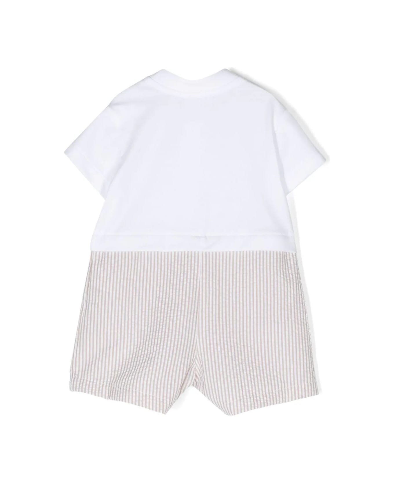 Il Gufo Beige And White Striped Seersucker Short Playsuit In Two Different Materials - Brown ボディスーツ＆セットアップ