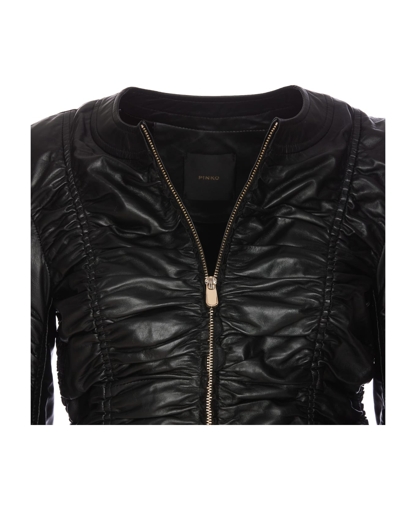 Pinko Ruched Detail Leather Jacket - Black
