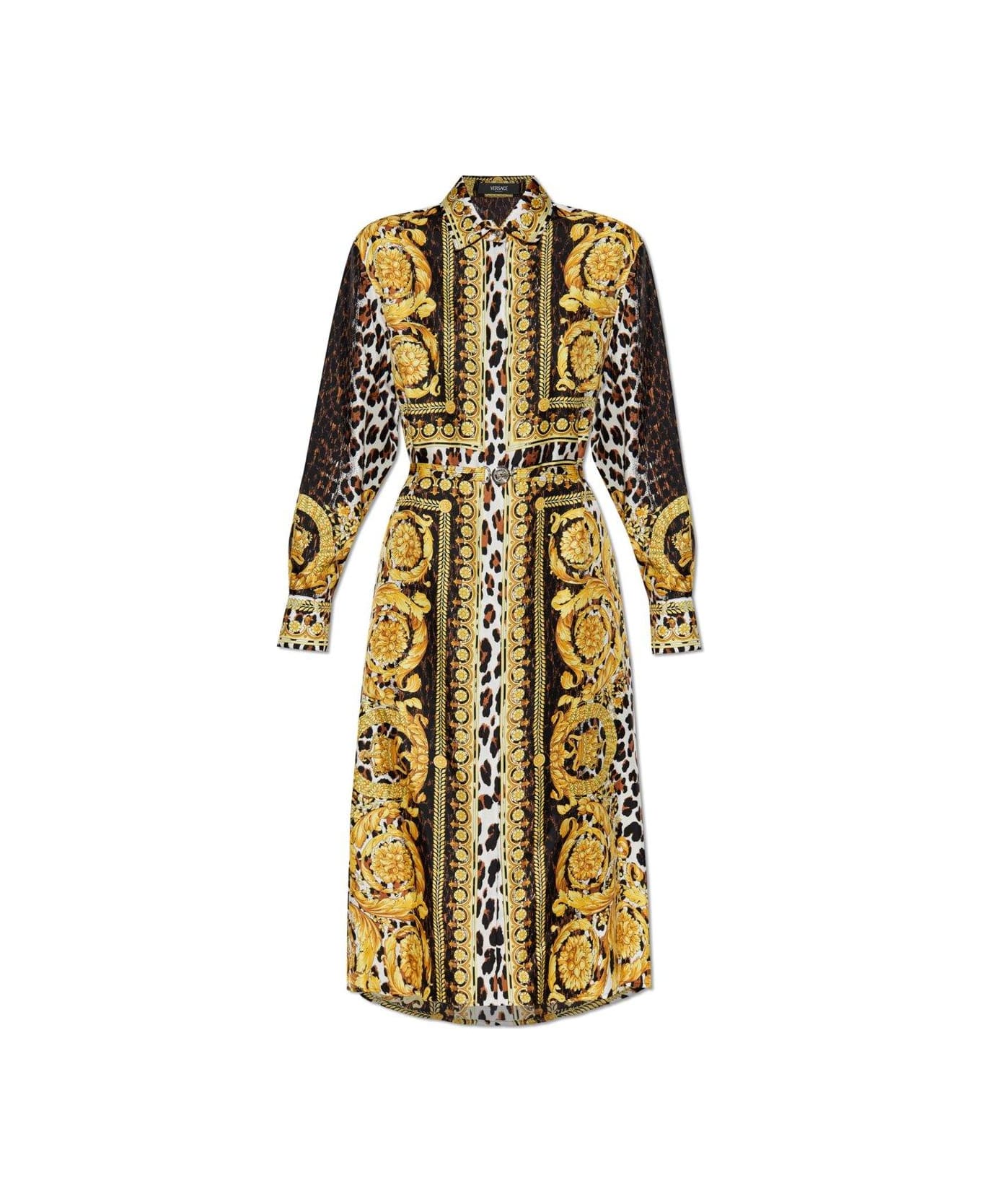 Versace Wild Barocco Foulard Long-sleeved Shirt Dress - Golden