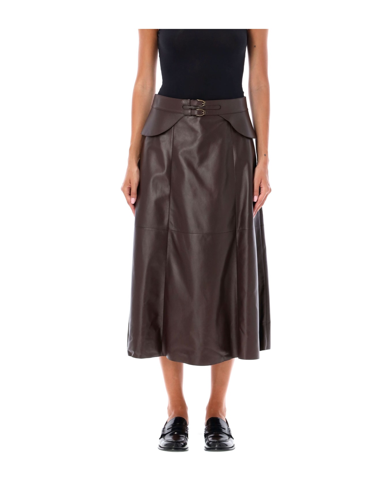 Ralph Lauren Godet Selleria Midi Leather Skirt - BROWN MOKA