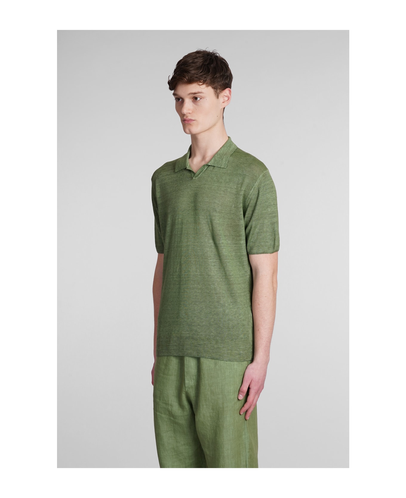 120% Lino Polo In Green Linen - green ポロシャツ