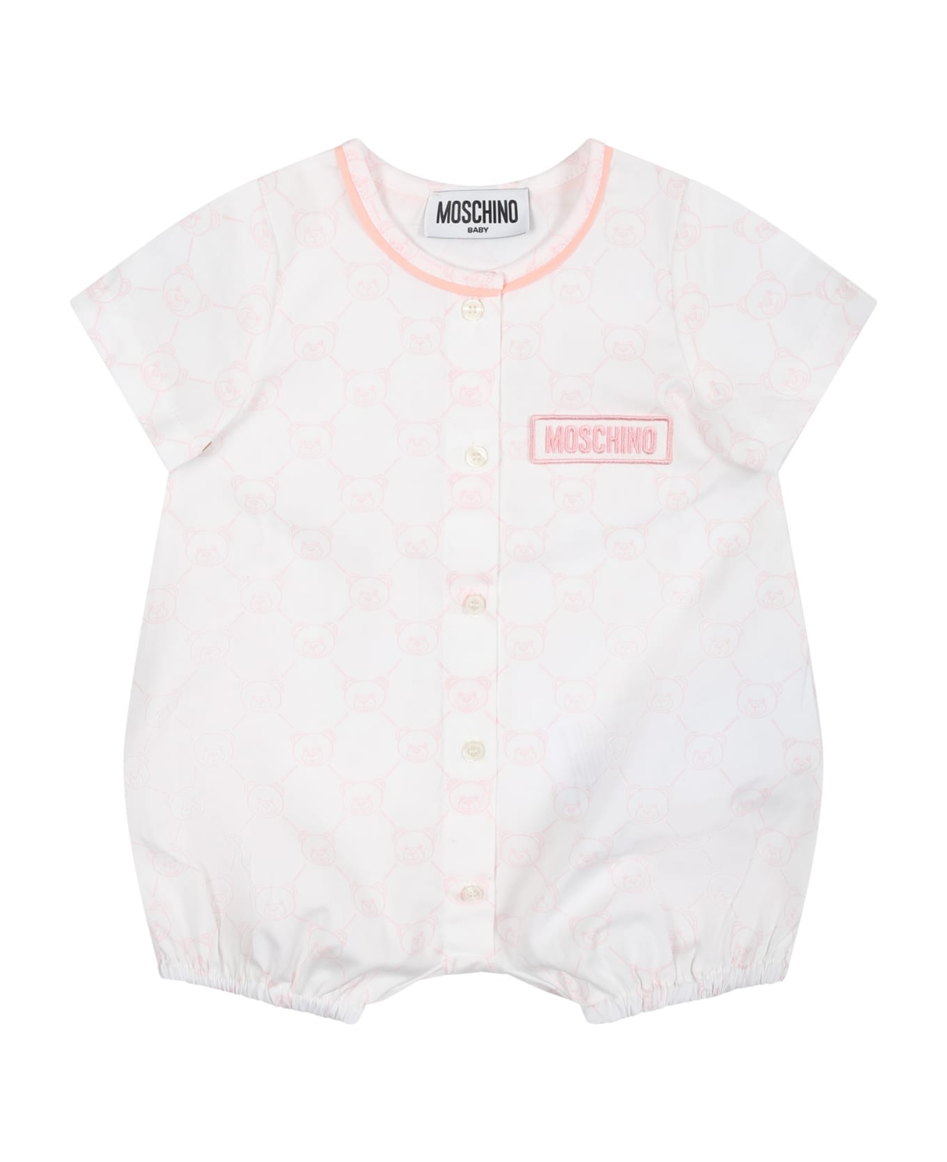 Moschino White Romper For Baby Boy With Teddy Bear Pattern And Logo - White ボディスーツ＆セットアップ