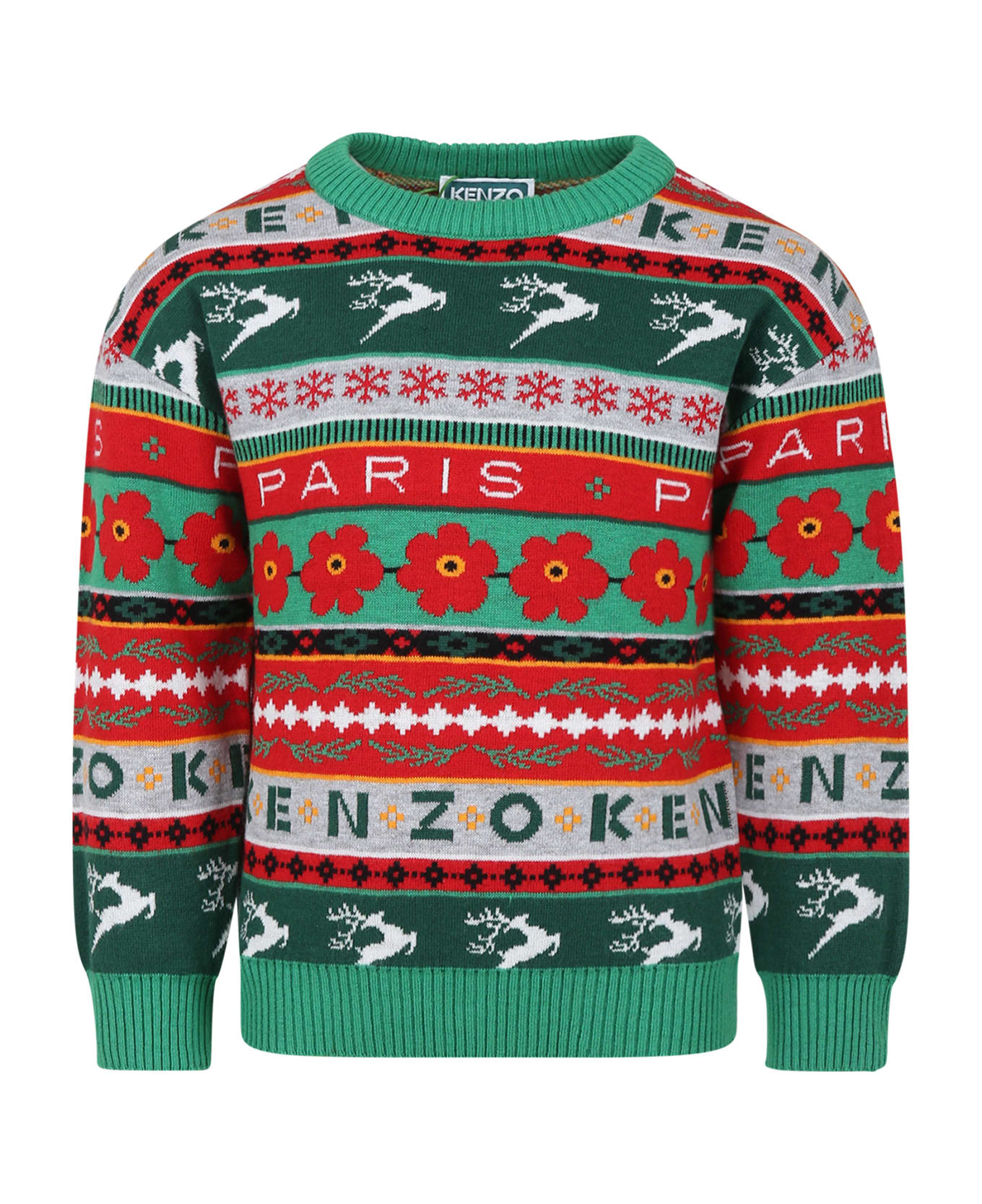 Kenzo Kids Green Sweater For Kids With Jacquard Pattern - Multicolor