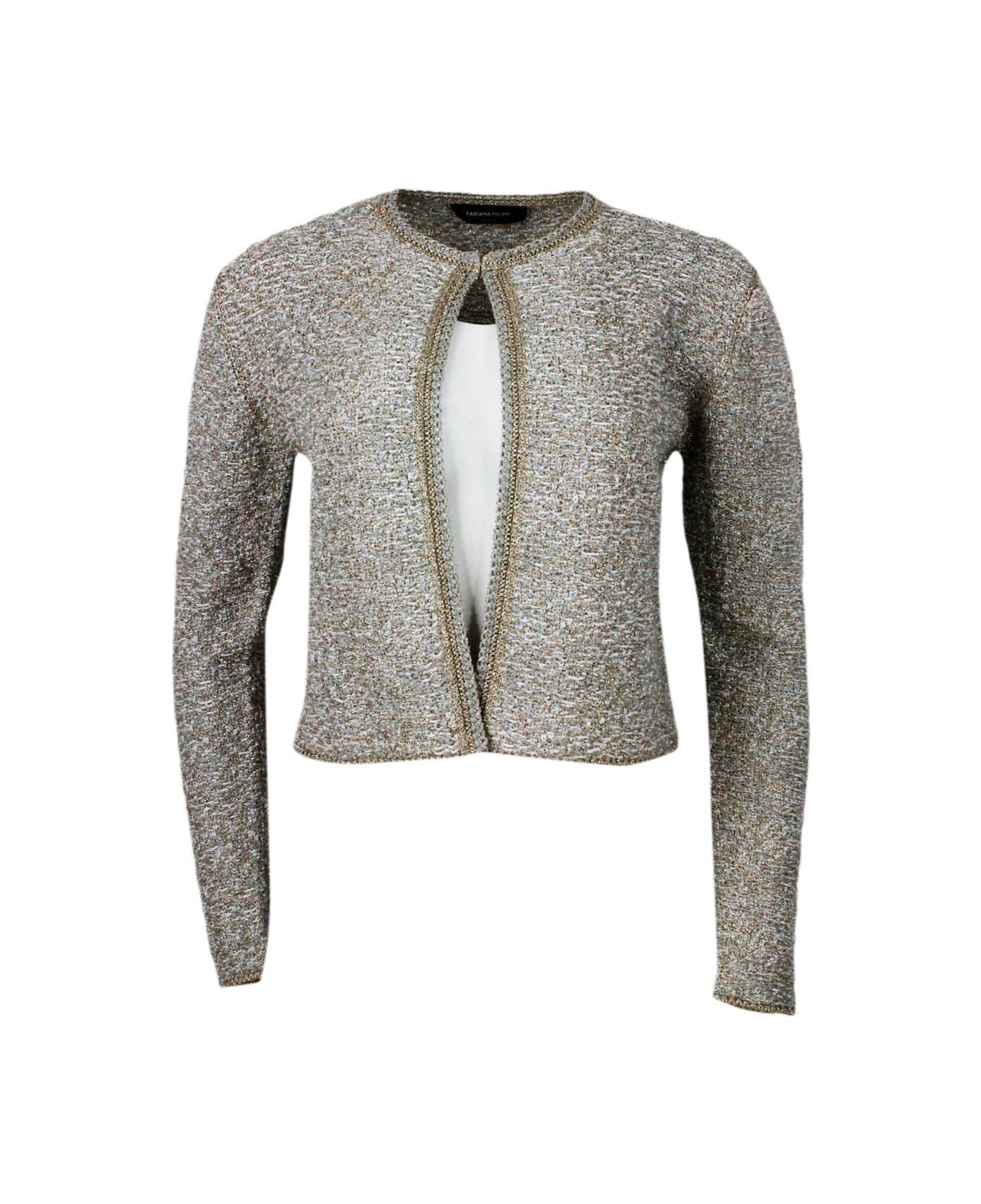Fabiana Filippi Chanel-style Jacket Sweater Open On The Front And With Hook Closure Embellished With Bright Lurex Threads - Grigio chiaro/bianco/oro