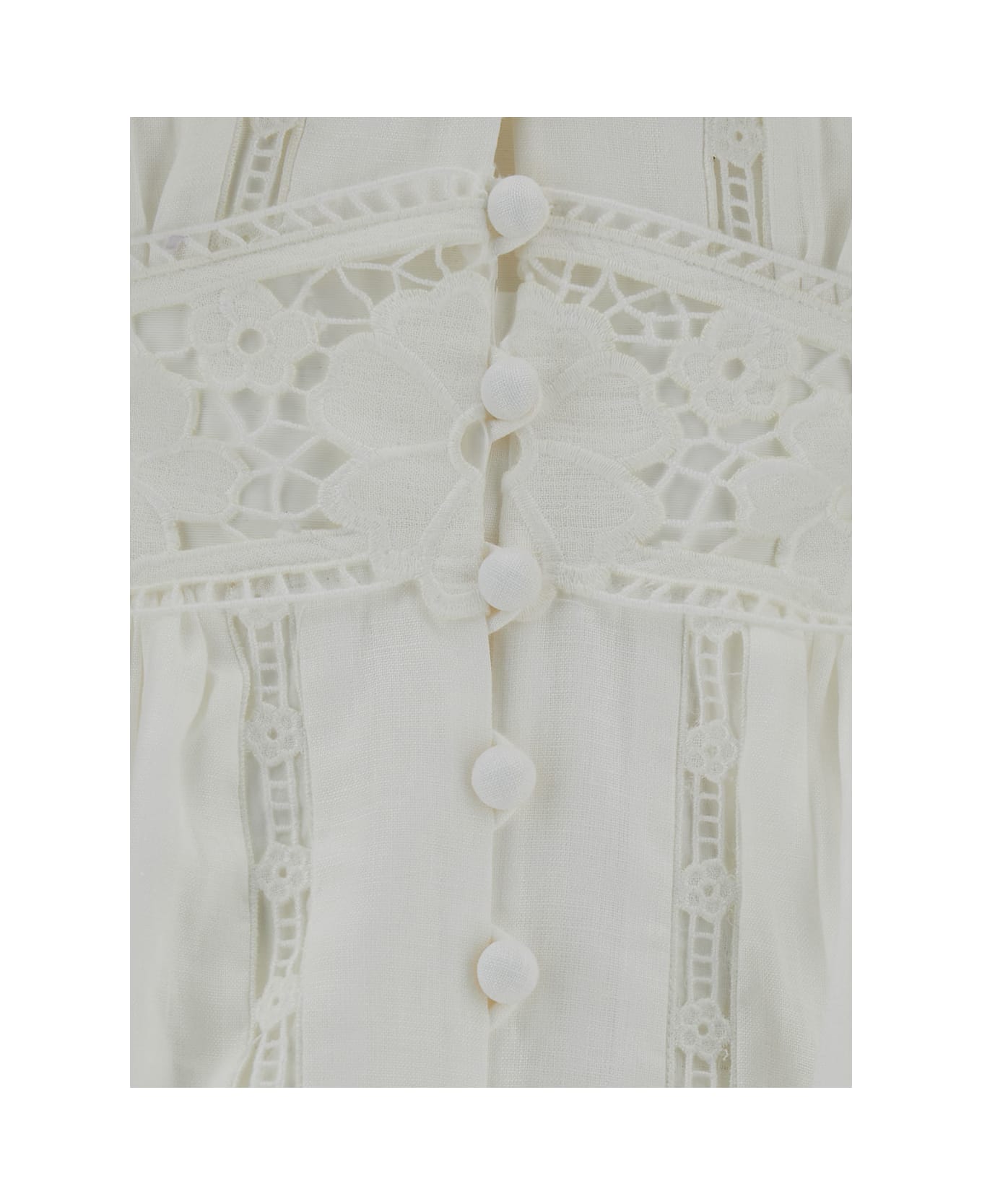 Zimmermann Mini White Dress With Embroideries And Puff Sleeves In Linen Woman - Bianco