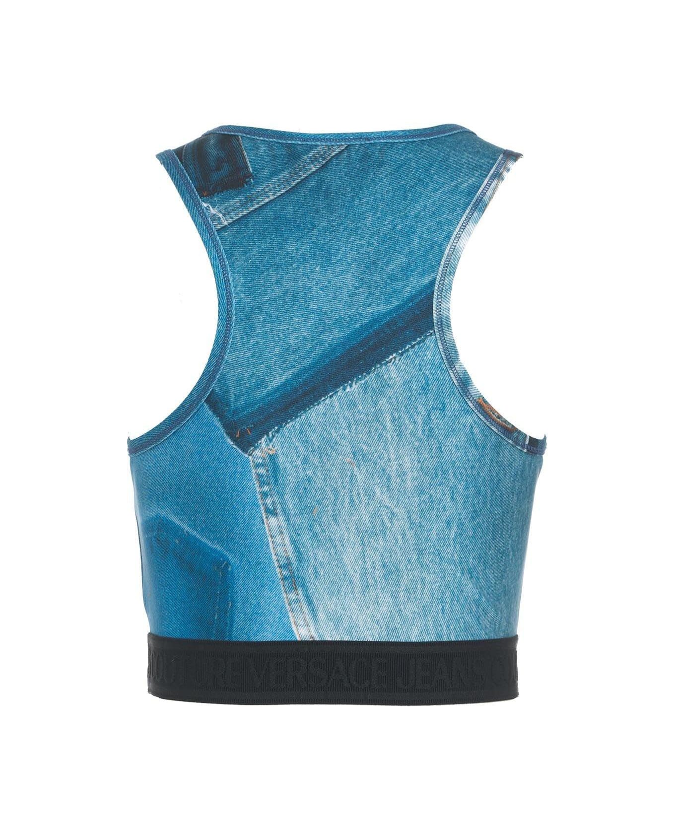 Versace Jeans Couture Patch Denim Sleeveless Cropped Top - Clear Blue