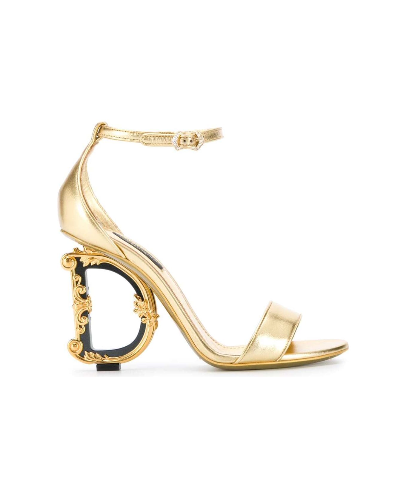 Dolce & Gabbana 'baroque' Gold Colored Sandals With Logo Heel In Leather Woman - Metallic