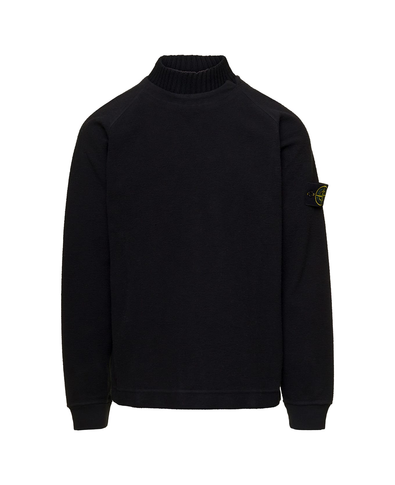 Stone Island Black Sweatshirt With Ribbed High-neck And Logo Patch In Cotton Blend Man - Black