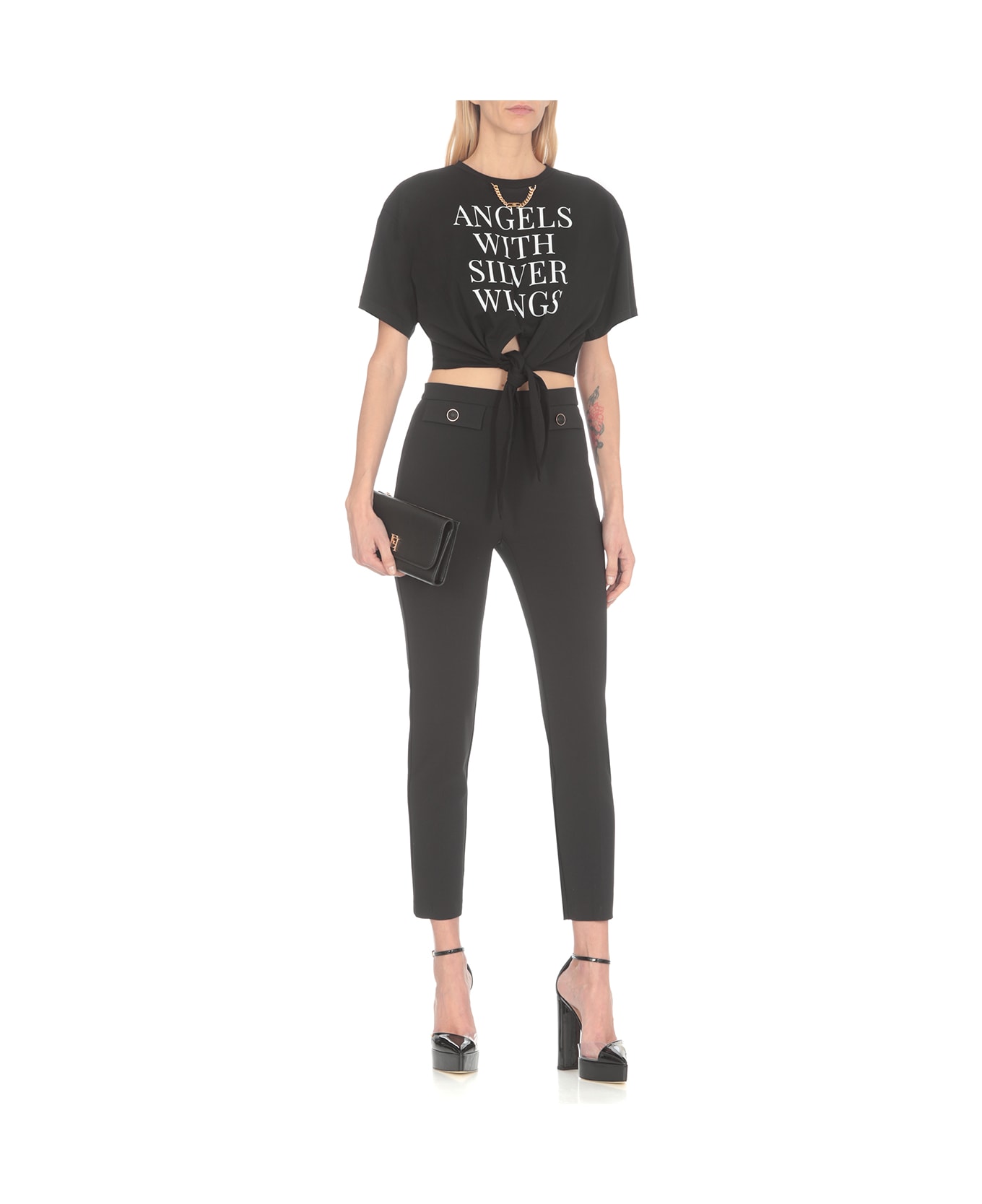 Elisabetta Franchi T-shirt With Print And Chain - Black