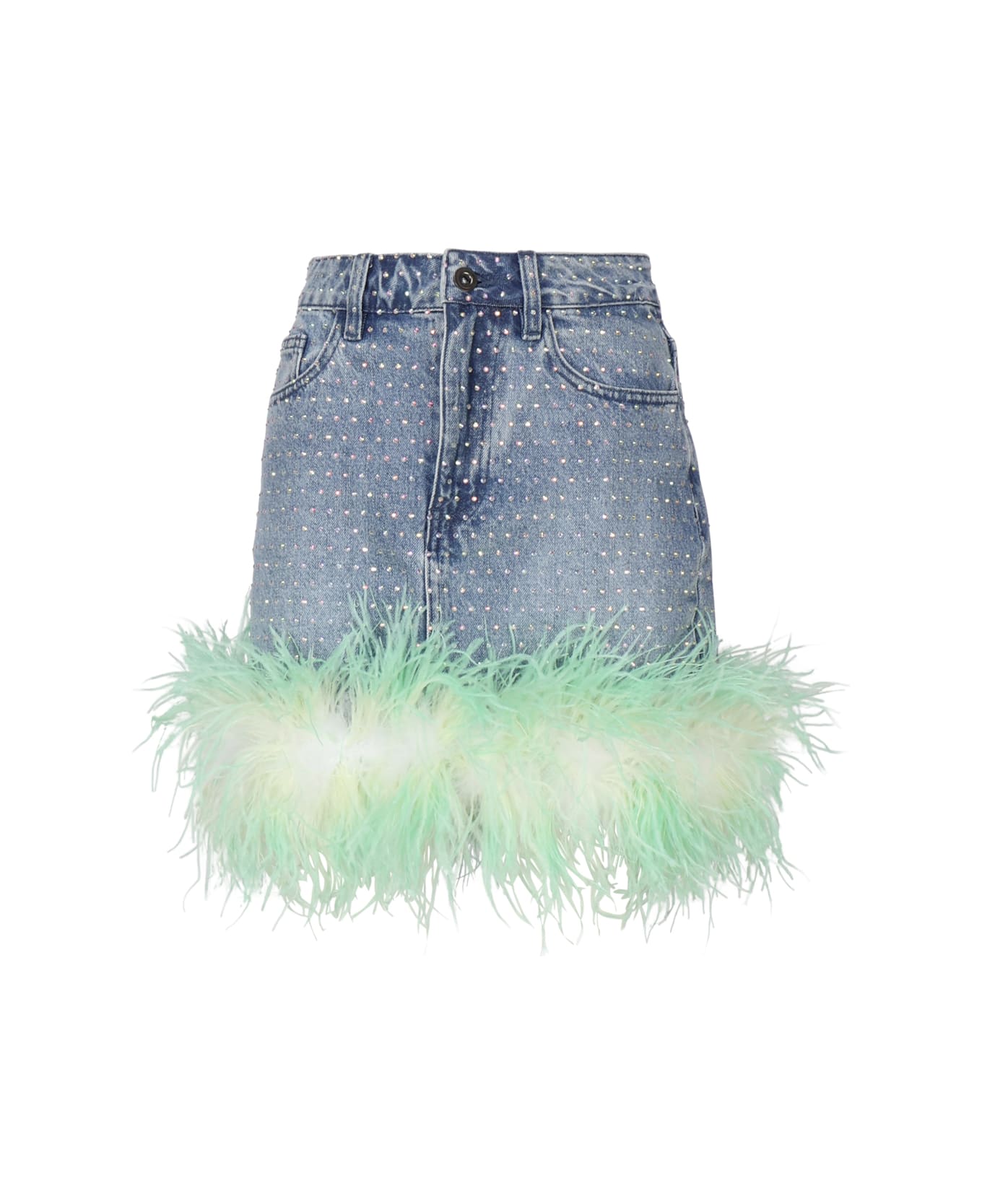 self-portrait Denim Skirt With Rhinestone Feathers - Blue, green スカート