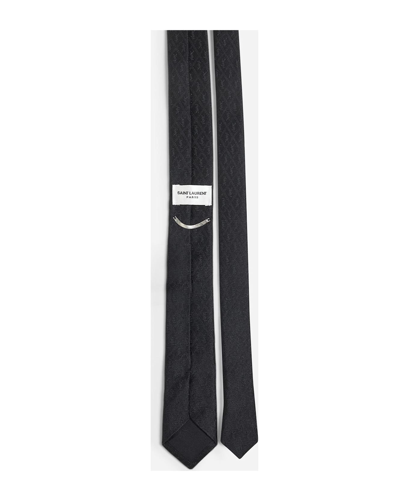 Saint Laurent Black Monogram Silk Slim Tie - BLACK