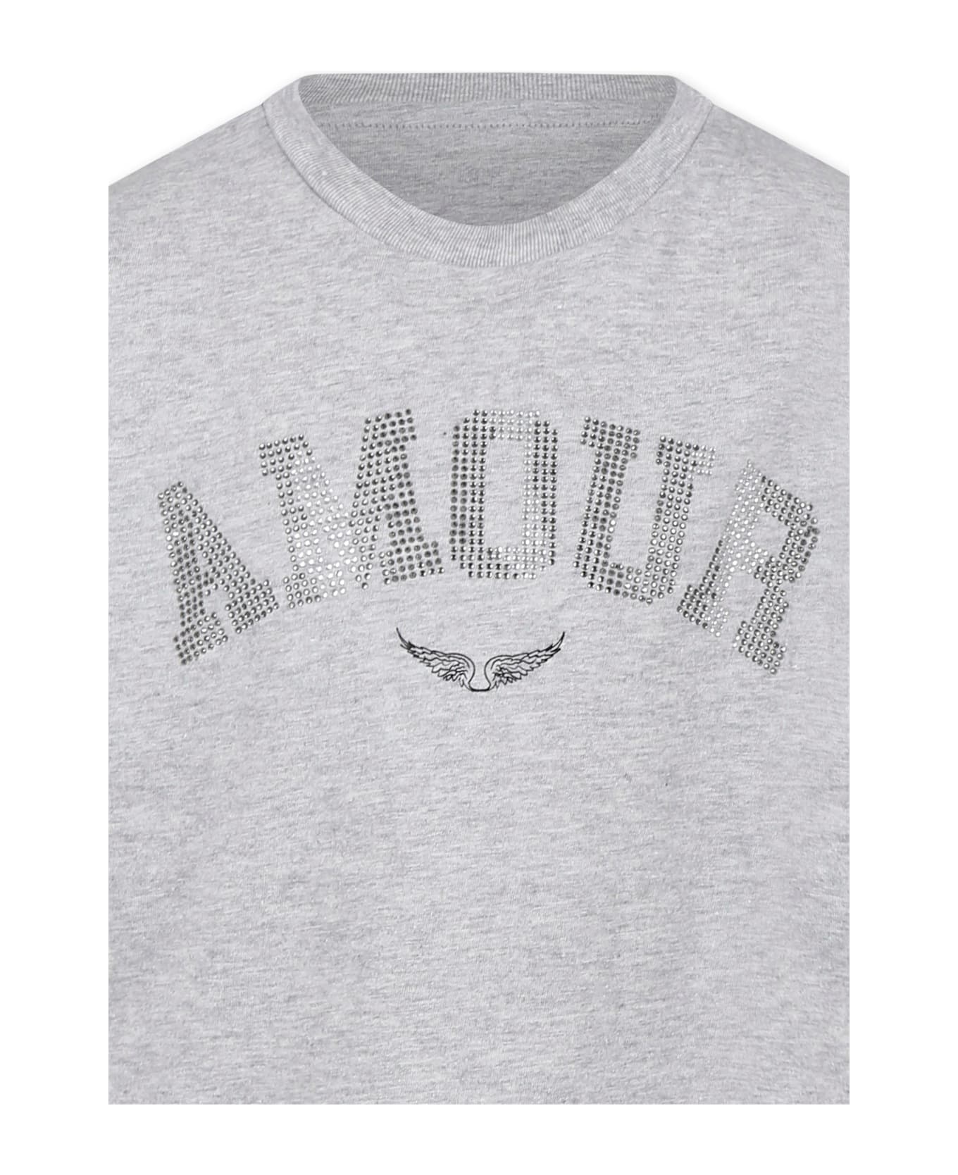 Zadig 
Voltaire Gray T-shirt For Girl With Rhinestone Amour Lettering - Grey