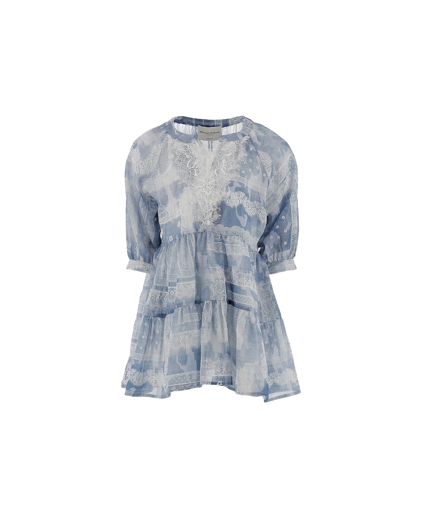 Ermanno Scervino Junior Cotton And Silk Voile Dress With Lace - Blue