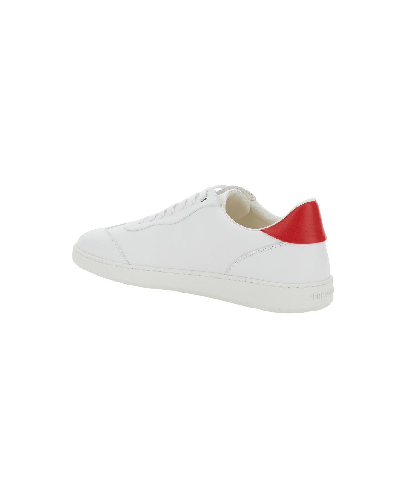 Ferragamo 'achille' White Low Top Sneakers With Red Logo Detail In Leather Man - White