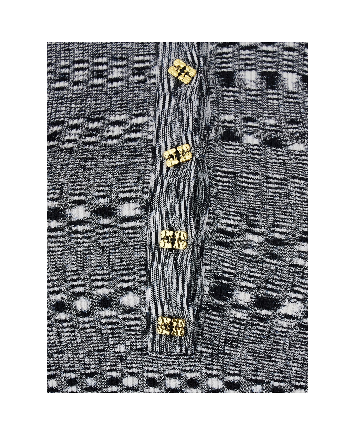 Ganni Black And White Polo Shirt With All-over Space-dye Effect And Button Closure In Fabric Woman - White/black