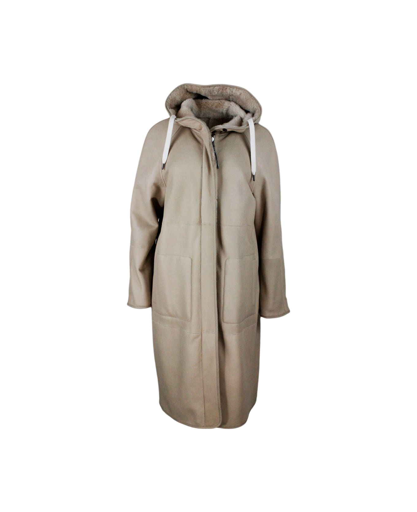 Brunello Cucinelli Reversible Coat In Soft Shearling With Hood - Beige