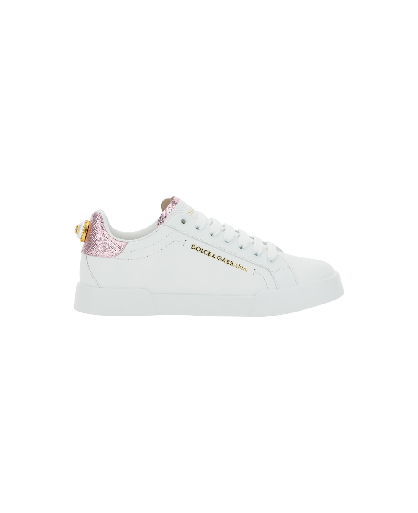 Dolce & Gabbana 'portofino' White Sneaker With Logo And Metallic Inserts In Leather Woman - White