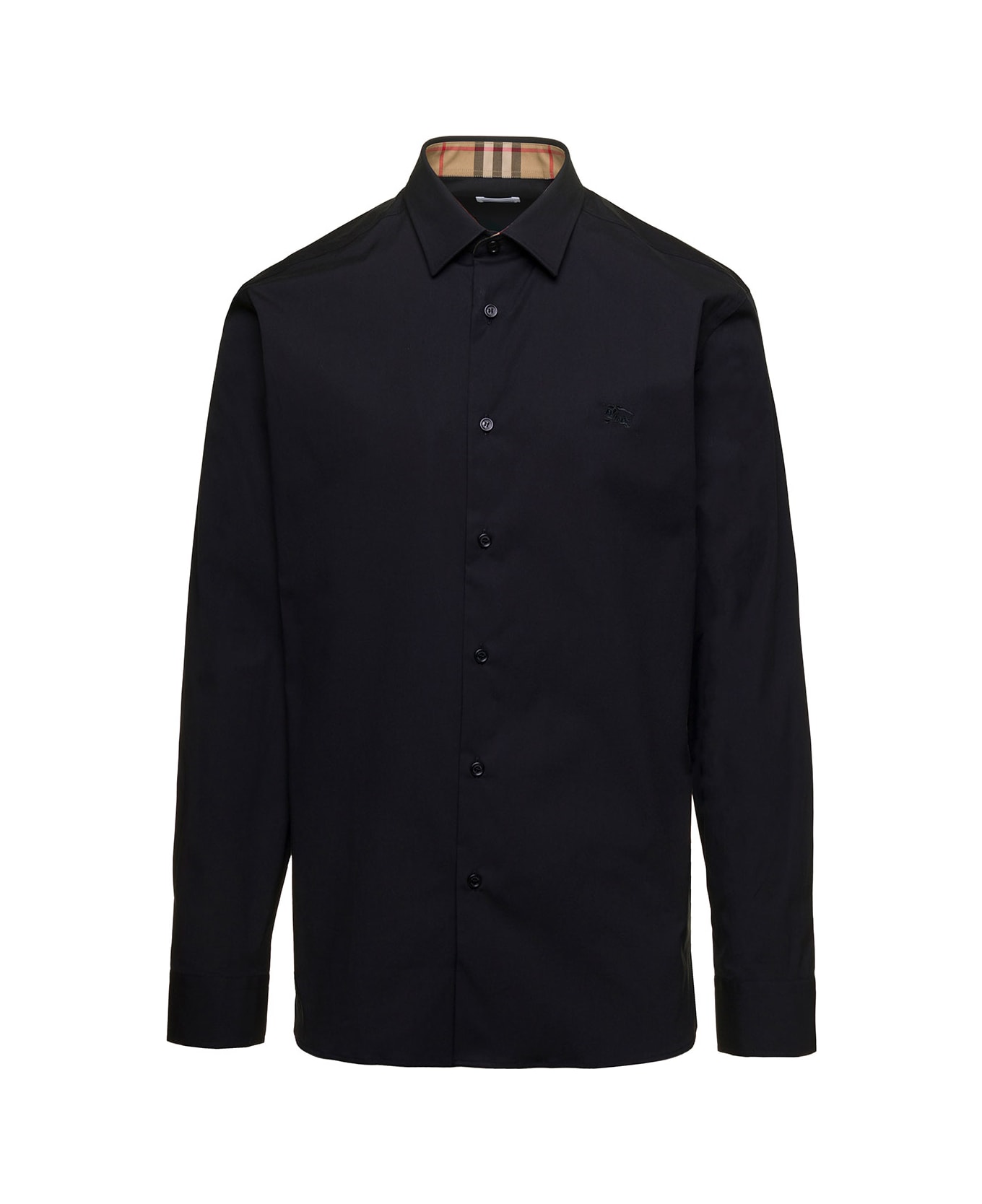 Burberry Black Long Sleeve Shirt With Tonal Logo Embroidery In Stretch Cotton Man - White
