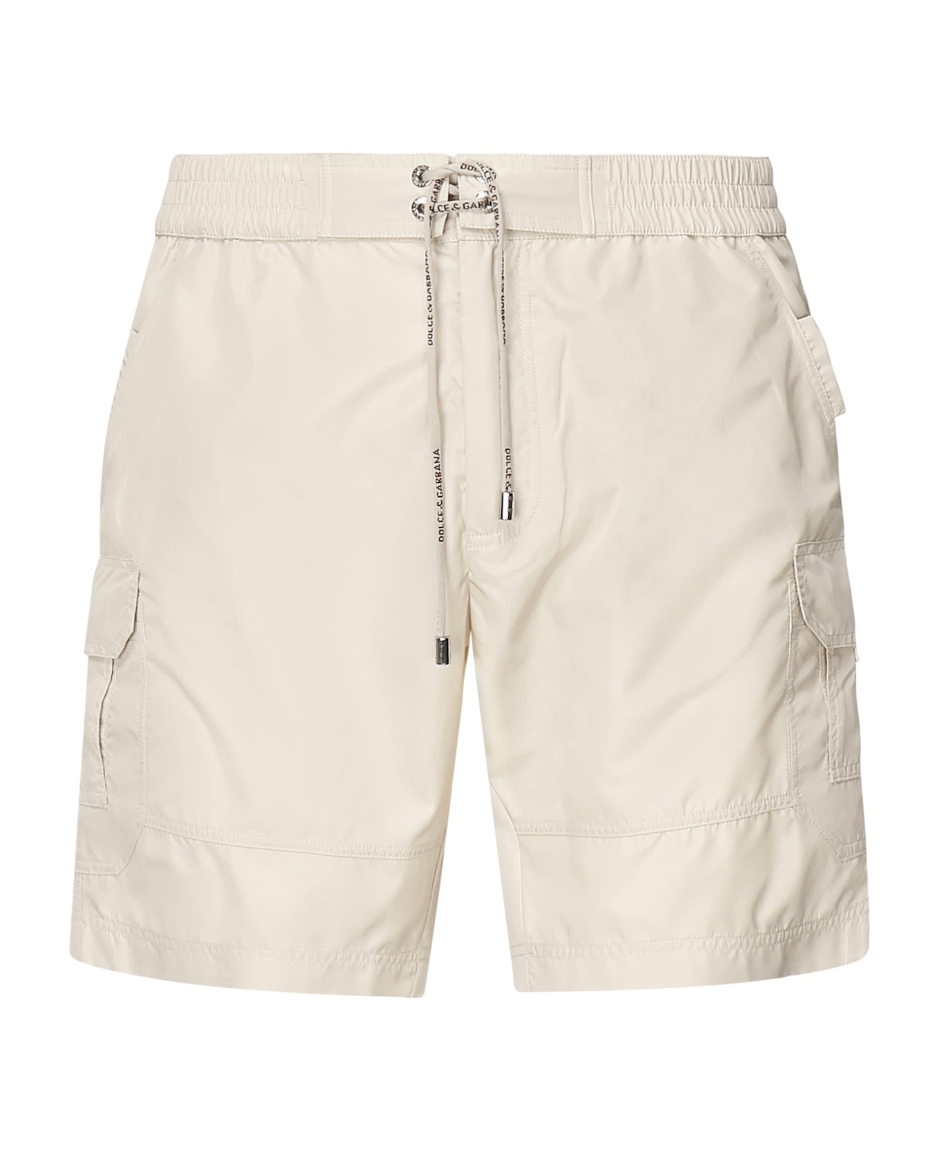 Dolce & Gabbana Medium Swim Trunks With Logo Plaque - Beige