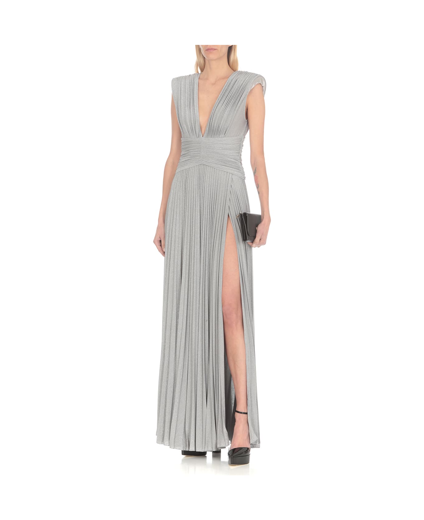Elisabetta Franchi Sleeveless Pleated Long Dress - Silver ワンピース＆ドレス