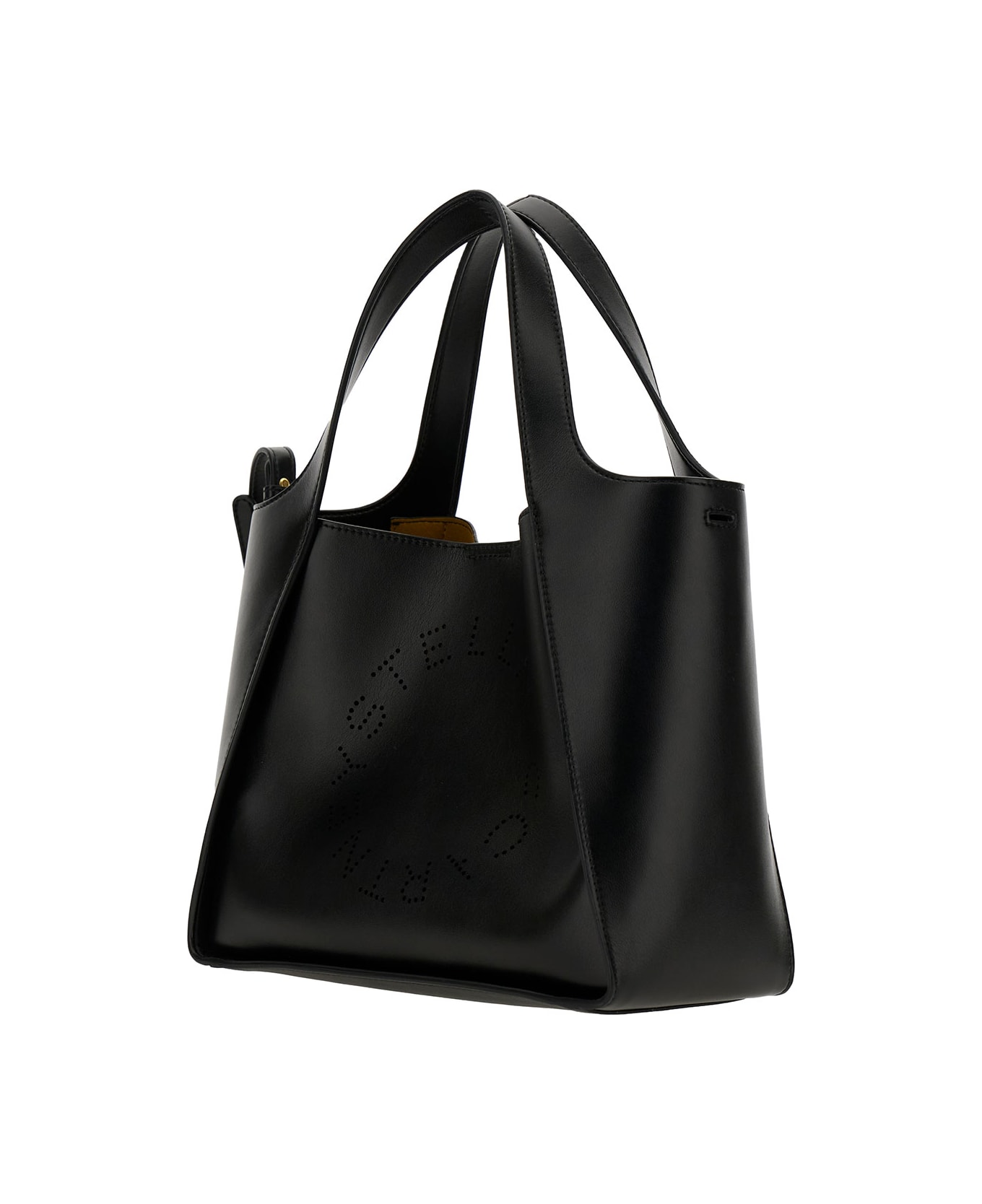 Stella McCartney Black Tote Bag With Perforated Logo Lettering Detail At The Front In Faux Leather Woman - Black