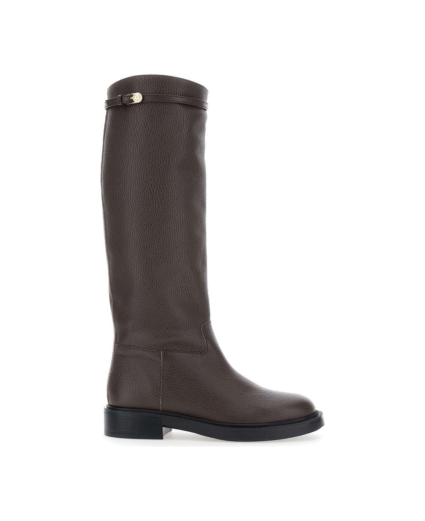 Pollini Brown Knee-high Boots With Buckle Detail In Grained Leather Woman - Brown