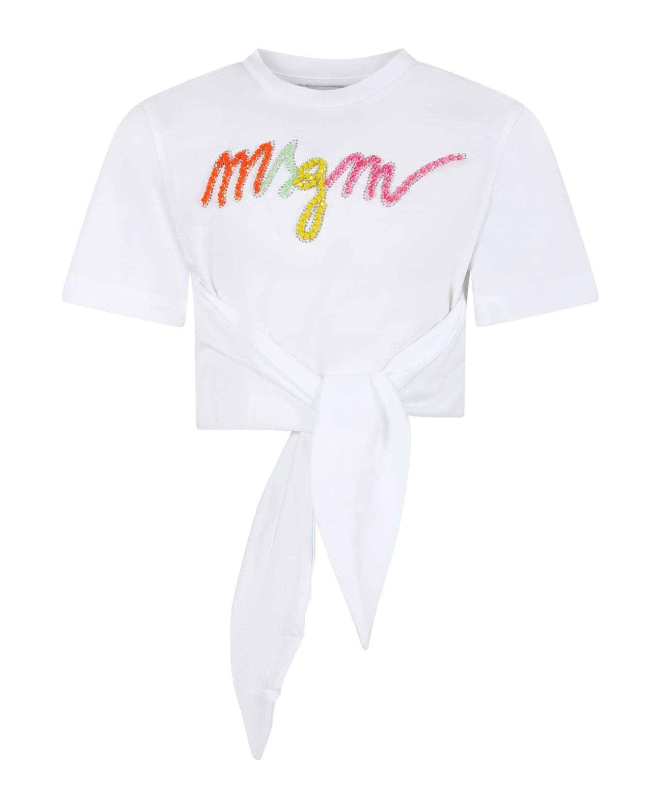 MSGM White T-shirt For Girl With Multicolor Logo - White