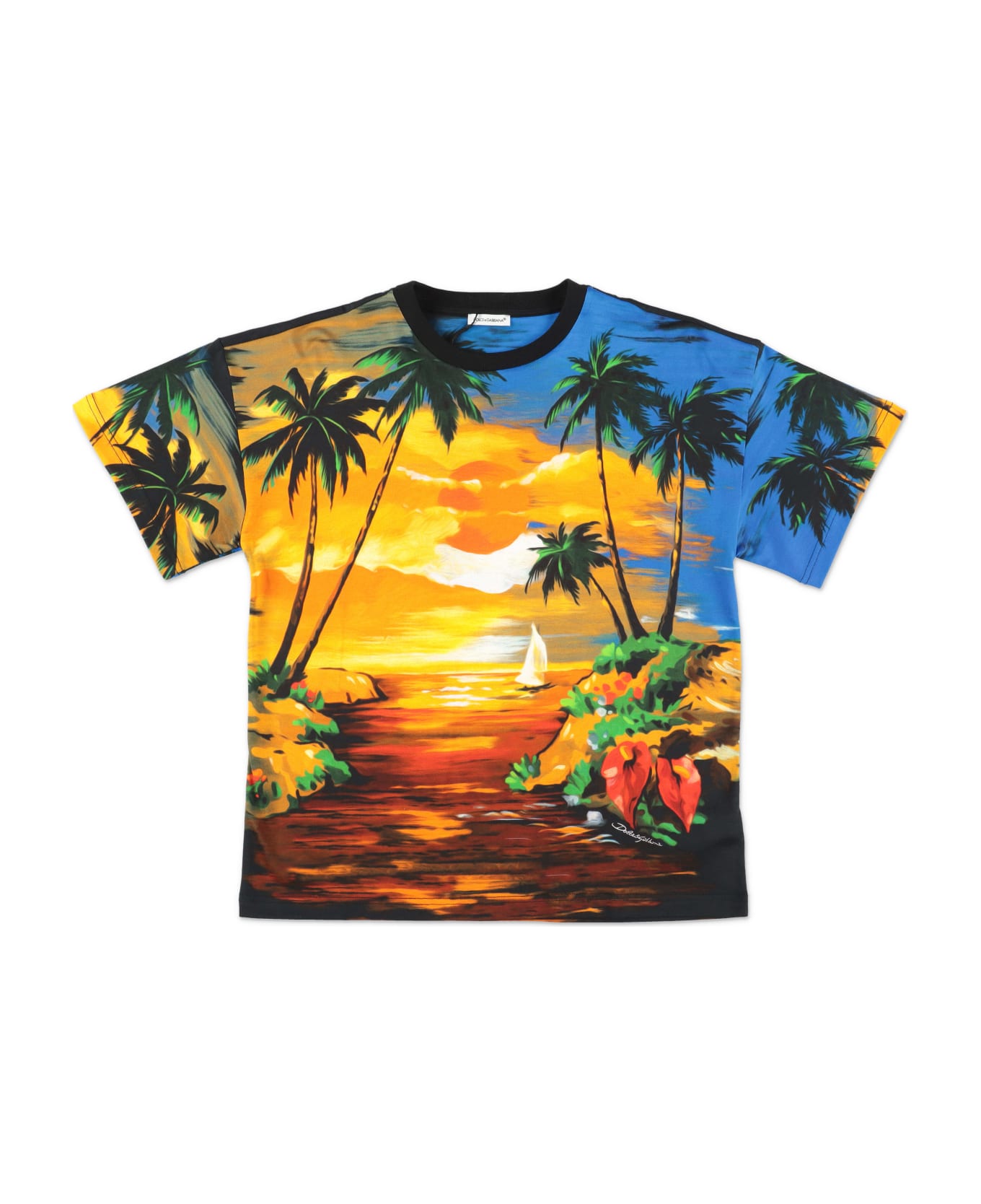 Dolce & Gabbana T-shirt Stampata In Tema Hawaiiin Jersey Di Cotone Bambino - Stampa