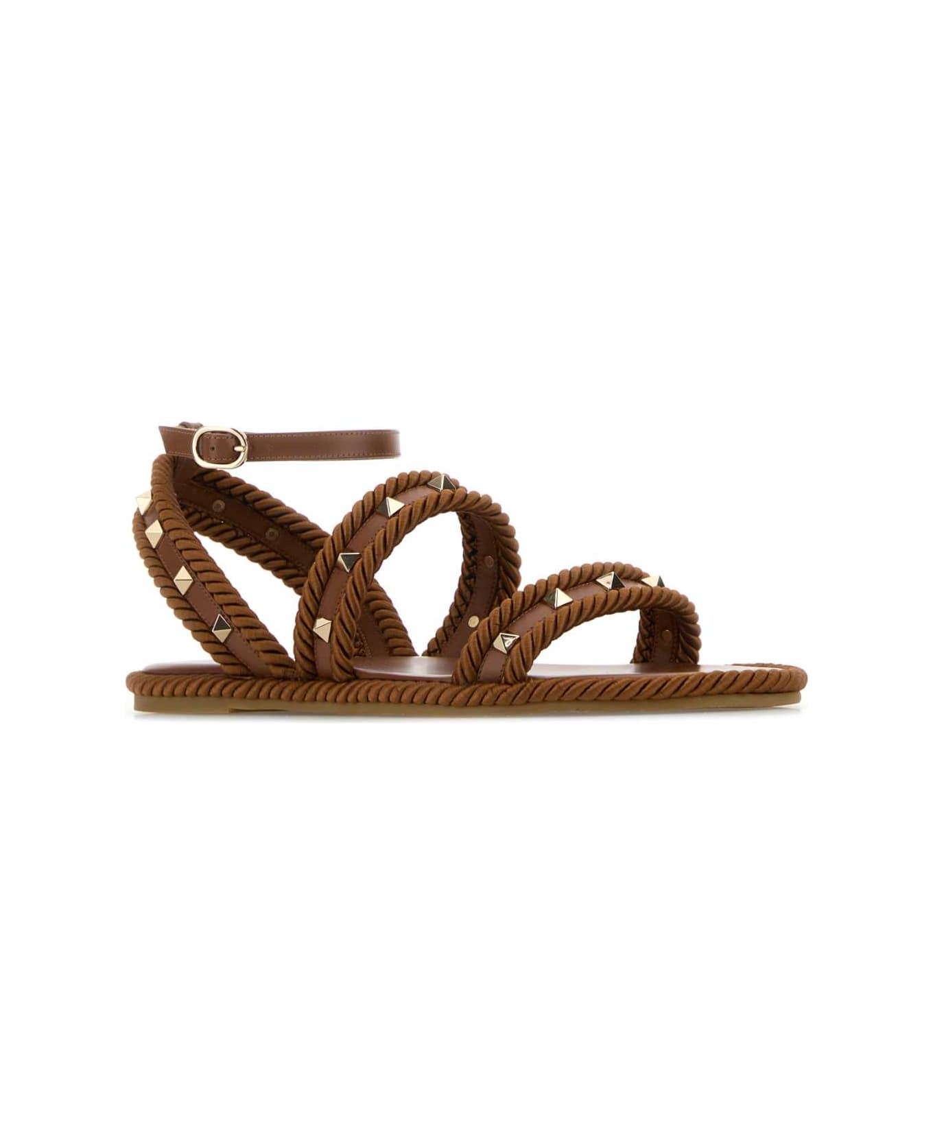 Valentino Garavani Caramel Fabric Rockstud Sandals - TOBACCO