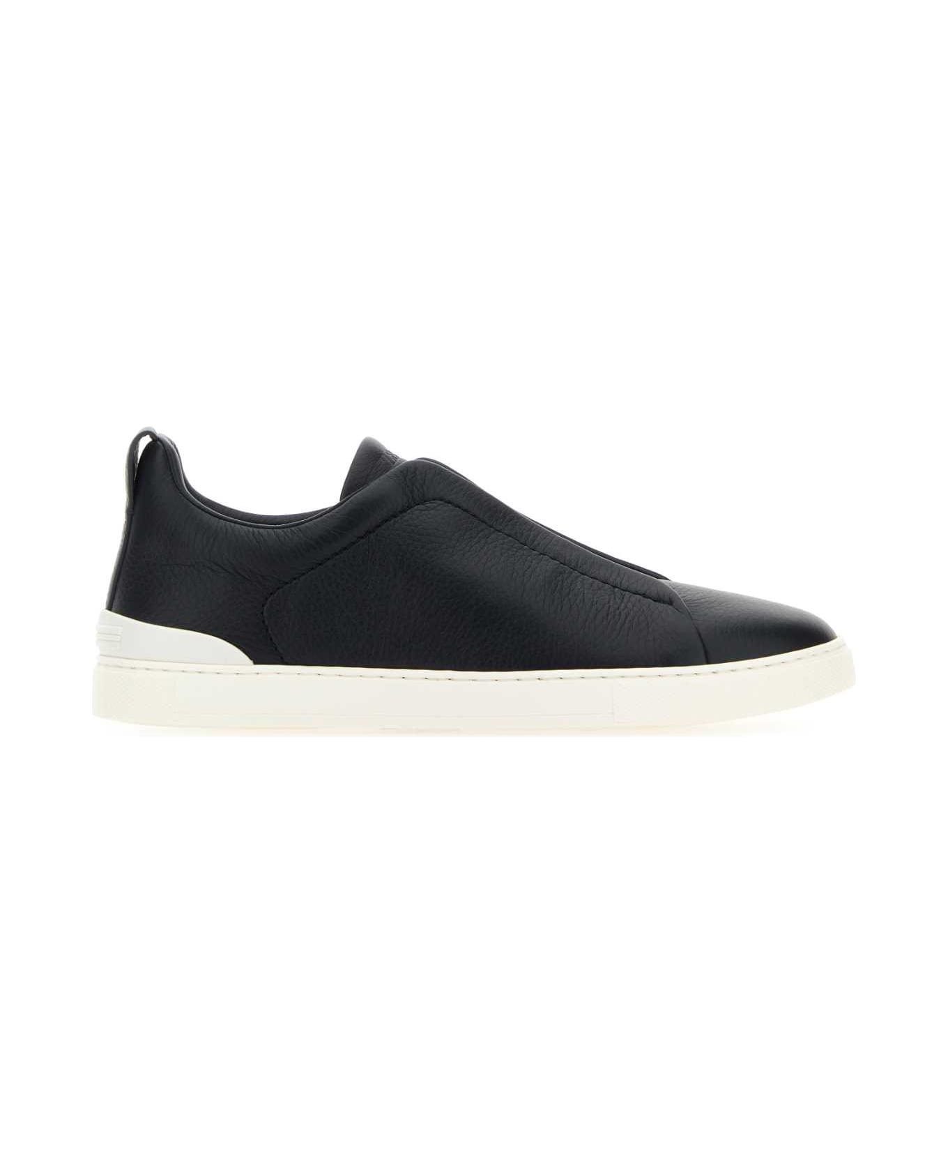 Zegna Midnight Blue Leather Slip Ons - NAV