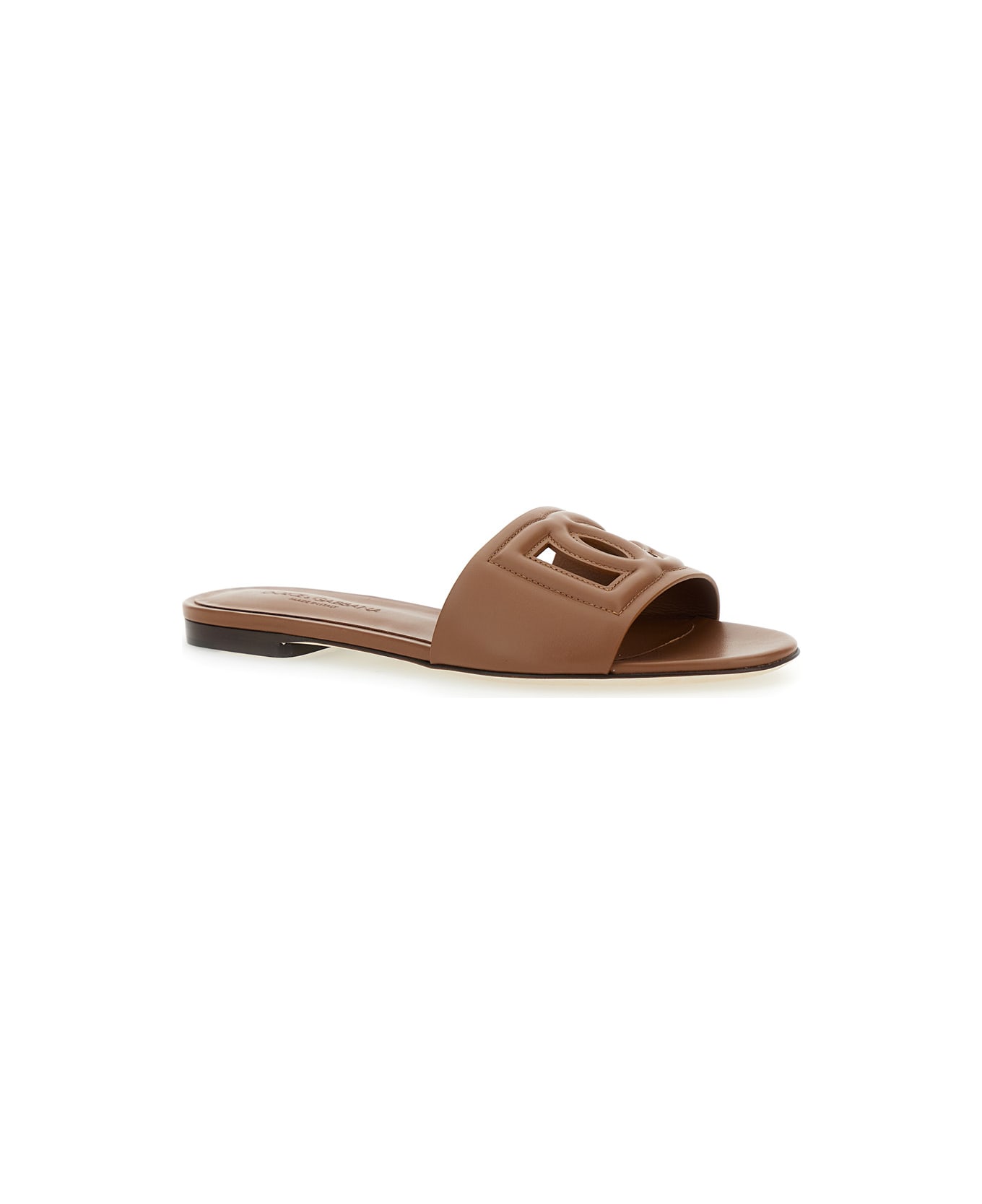 Dolce & Gabbana Slide Sandals With Cut Out Logo In Leather Woman - Brown