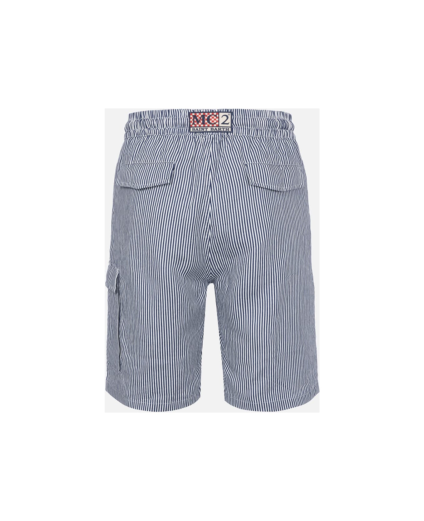 MC2 Saint Barth Man Blue Striped Linen Bermuda Marseille - BLUE
