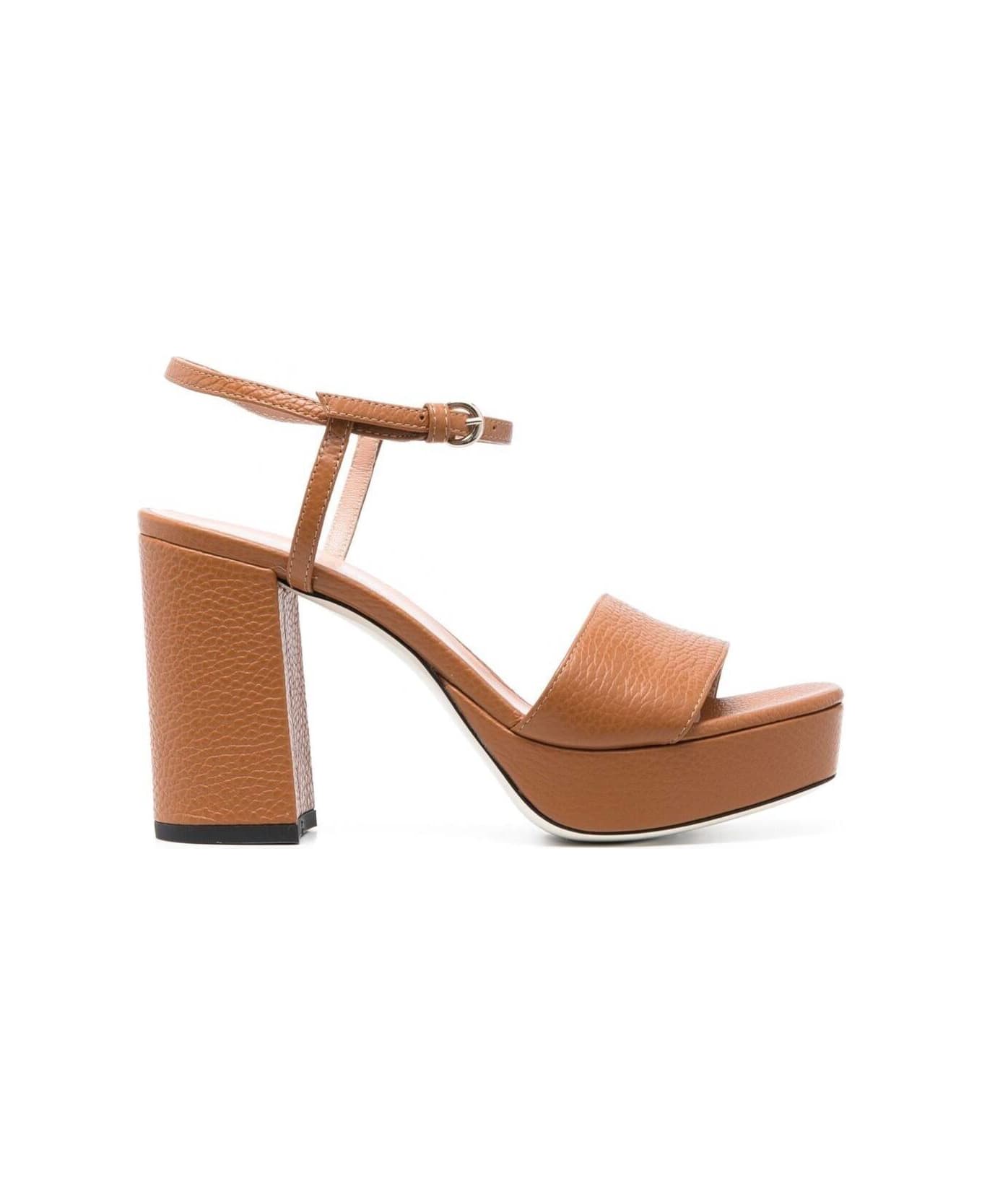 Pollini Plateau Sandals With Block Heel In Brown Leather Woman - Brown