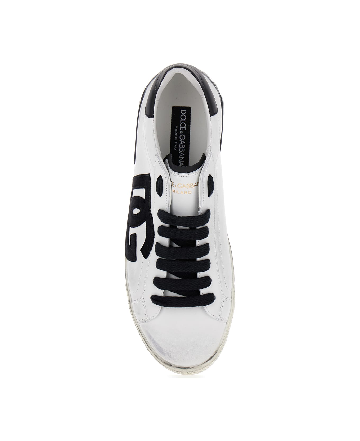 Dolce & Gabbana 'portofino' White And Black Low Top Sneakers With Logo Patch And Used Effect In Leather Man - White