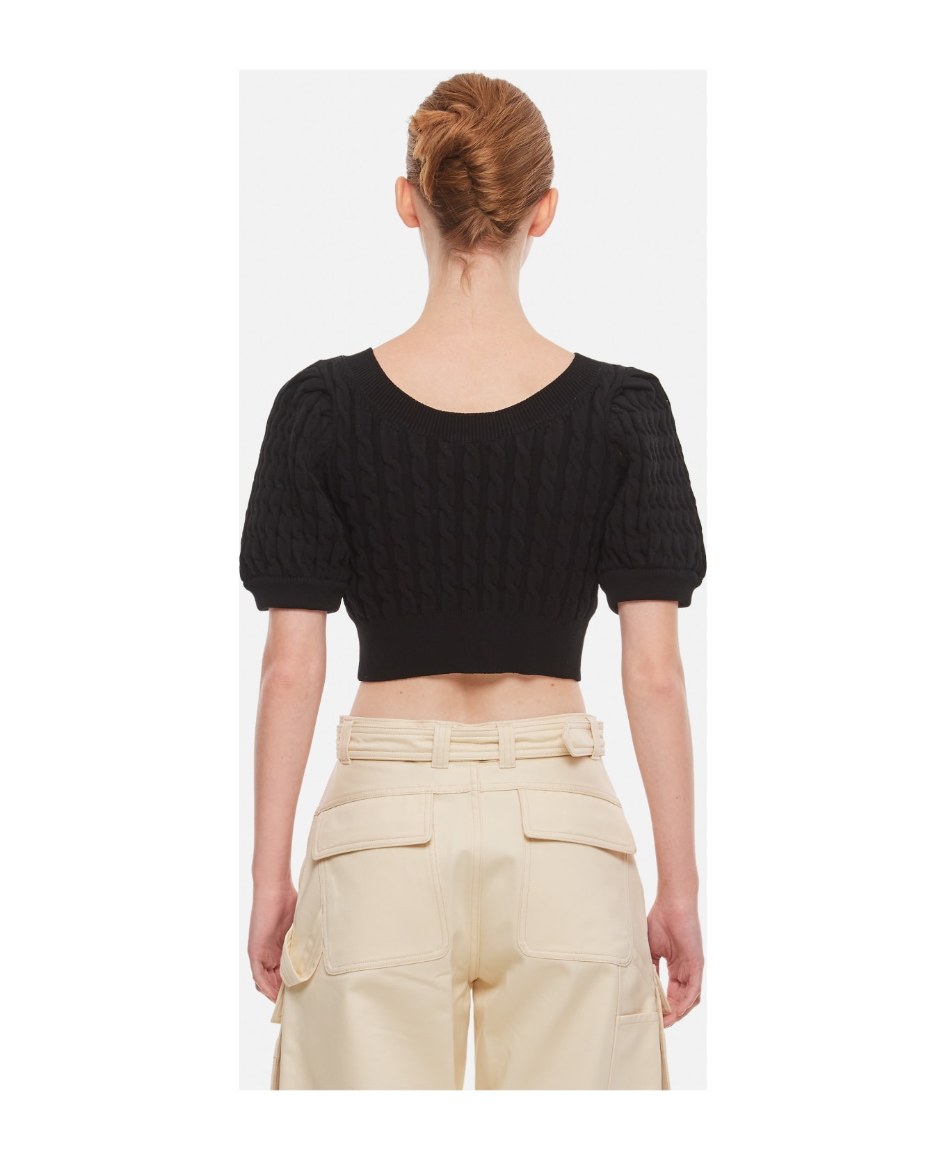 Simone Rocha Cropped Puff Sleeve Open Neck Cable Top - Black
