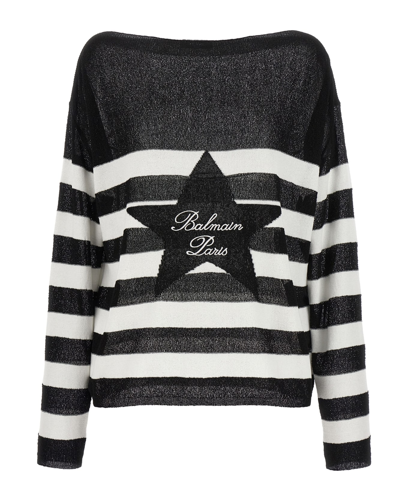 Balmain Logo Embroidery Striped Sweater - White/Black ニットウェア