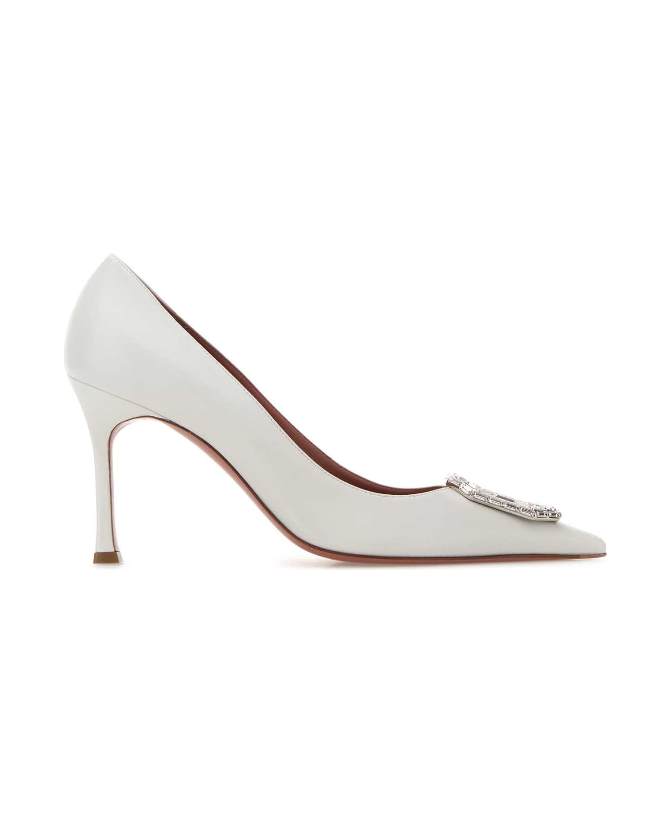 Amina Muaddi White Leather Camelia Pumps - WHITE90MMSRHEEL