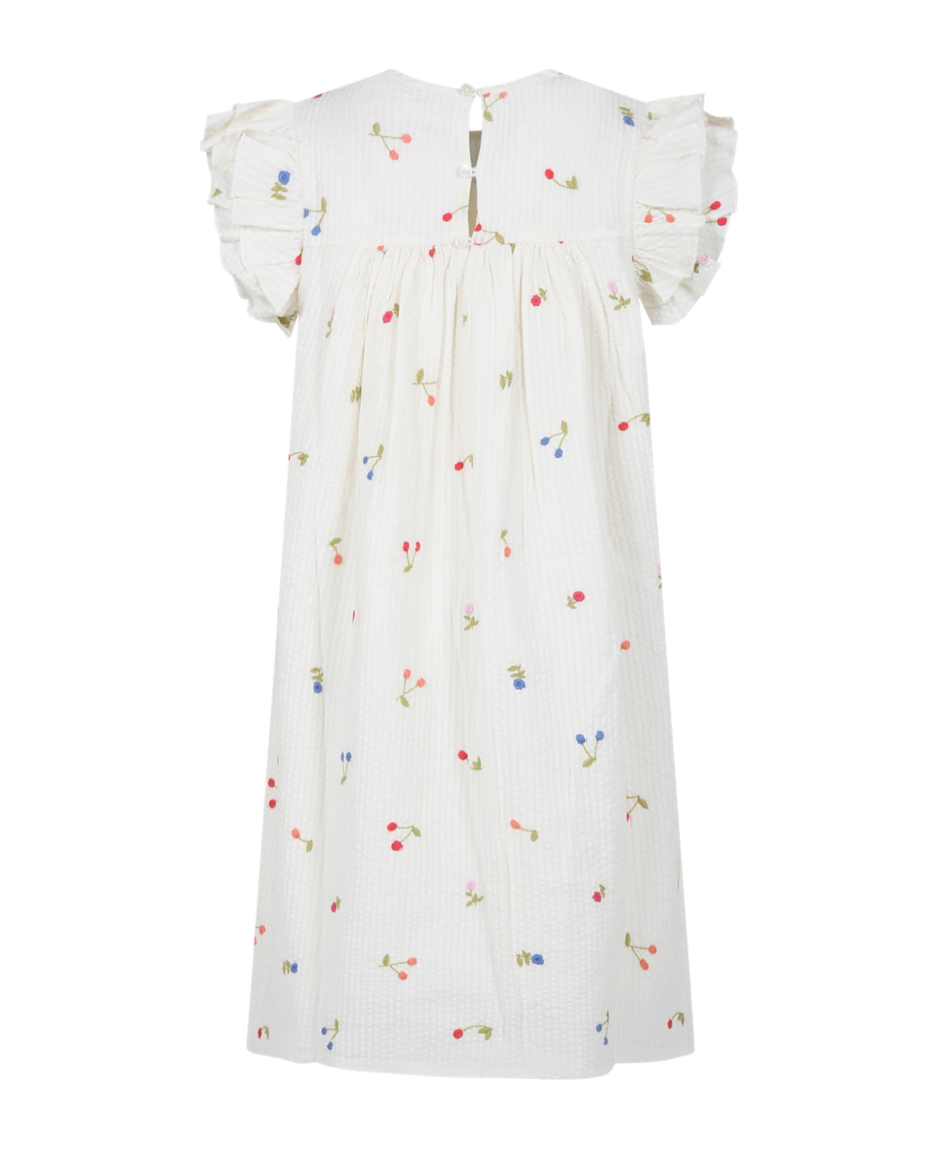 Bonpoint White Dress For Girl With All-over Cherry And Multicolor Flower Embroidery - White