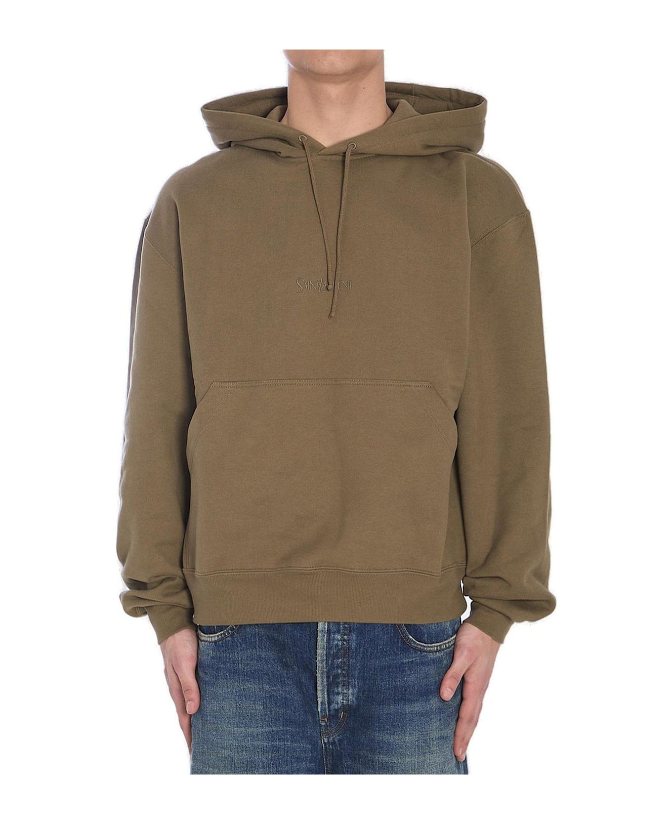 Saint Laurent Logo Embroidered Drawstring Hoodie - Verde