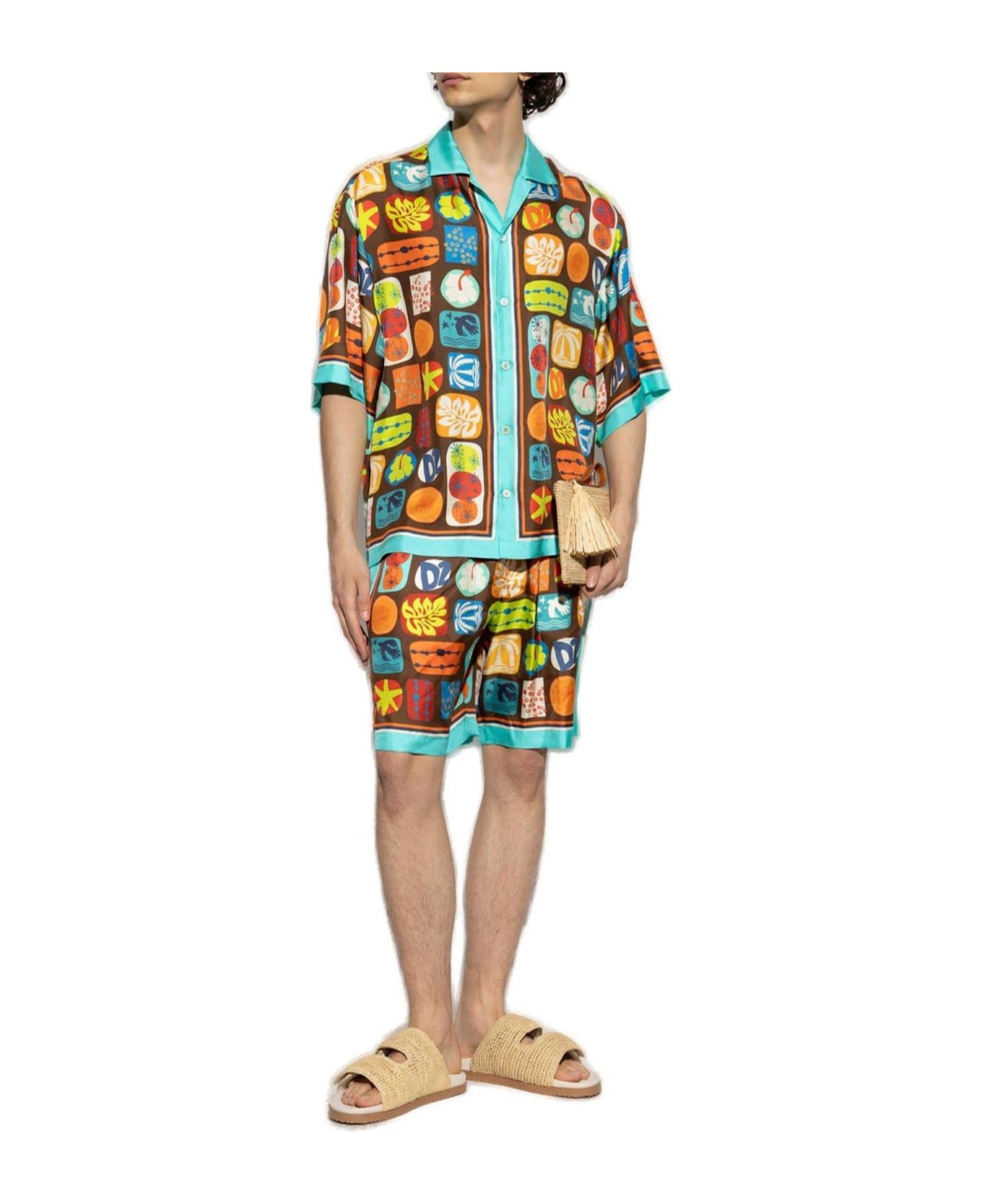 Dsquared2 Summer Lovers Drop Shoulder Bowling Shirt - BROWN/BLUE