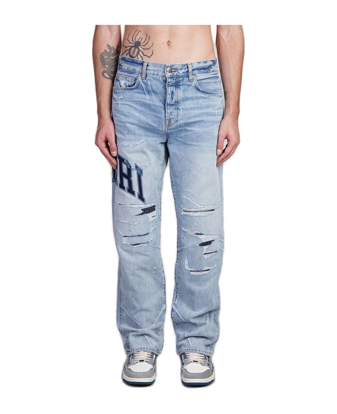 AMIRI Varsity Logo Repair Distressed Straight Jeans - BLUE