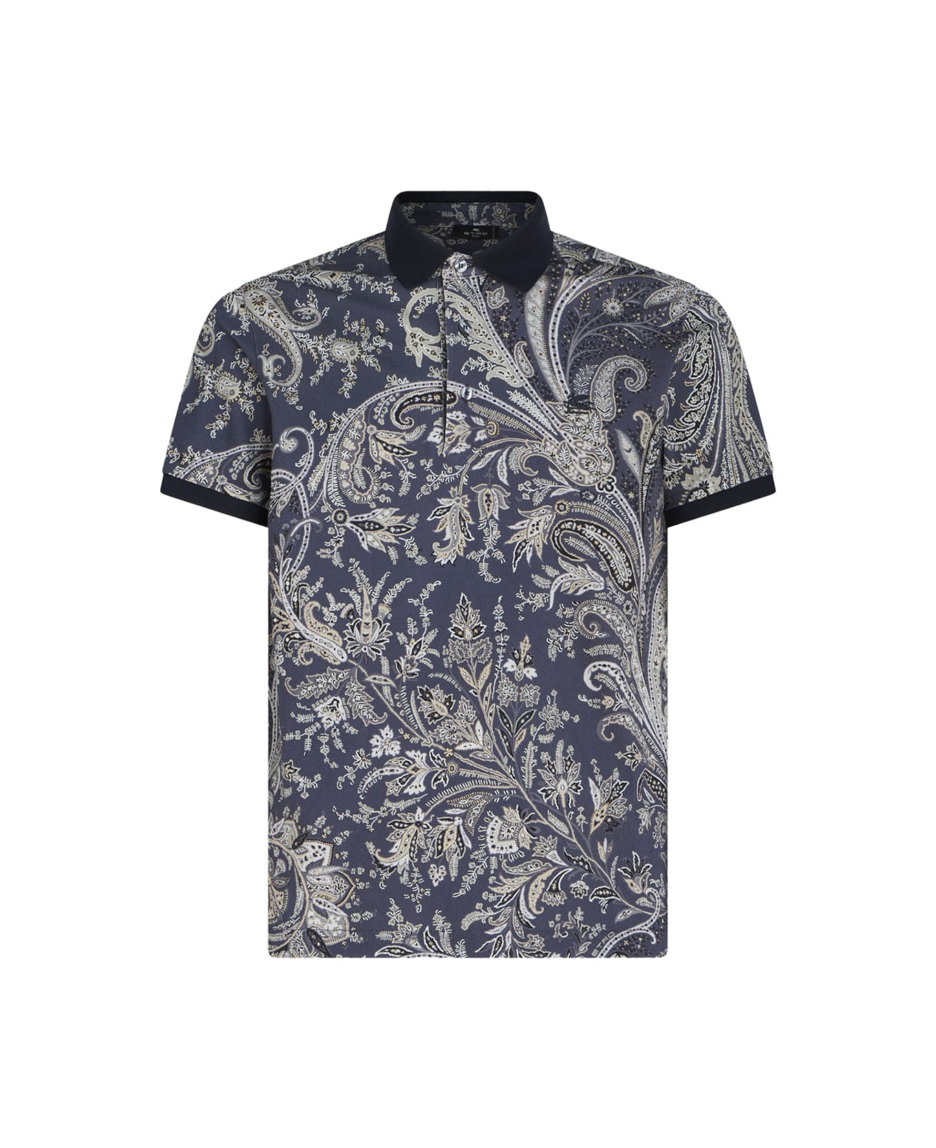 Etro "navy Blue Polo Shirt With Multicolour Paisley Print" - Grey